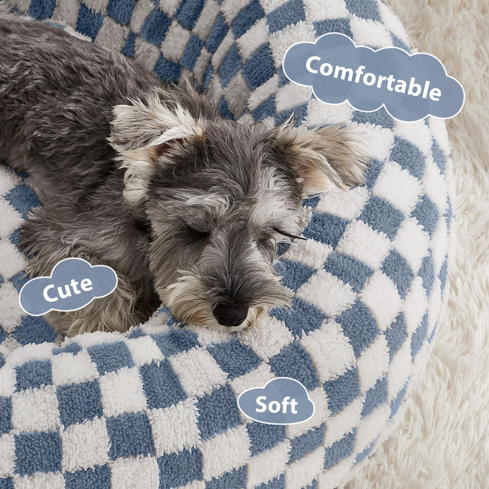BFPETHOME donut-dog-bed-blue-closeup-plush-fabric highlights soft texture for soothing naps.