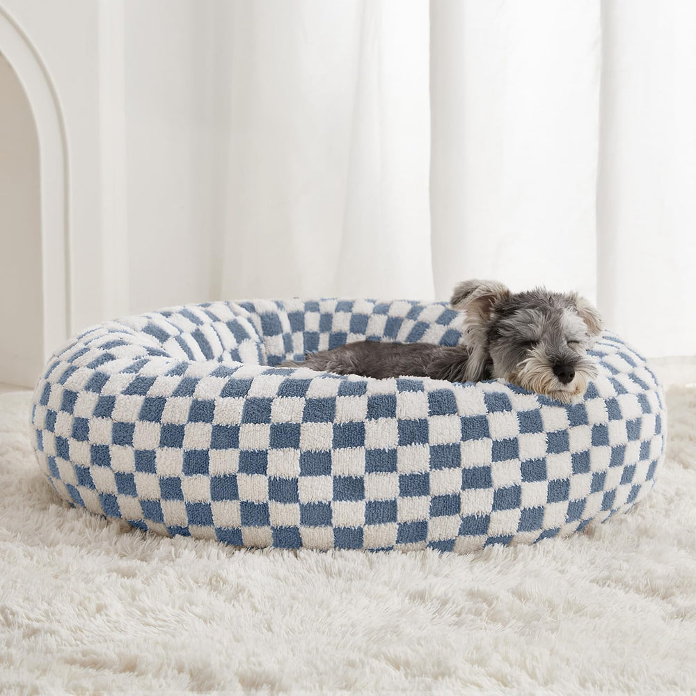 BFPETHOME donut dog bed blue round plush, offering cozy comfort for small dogs.