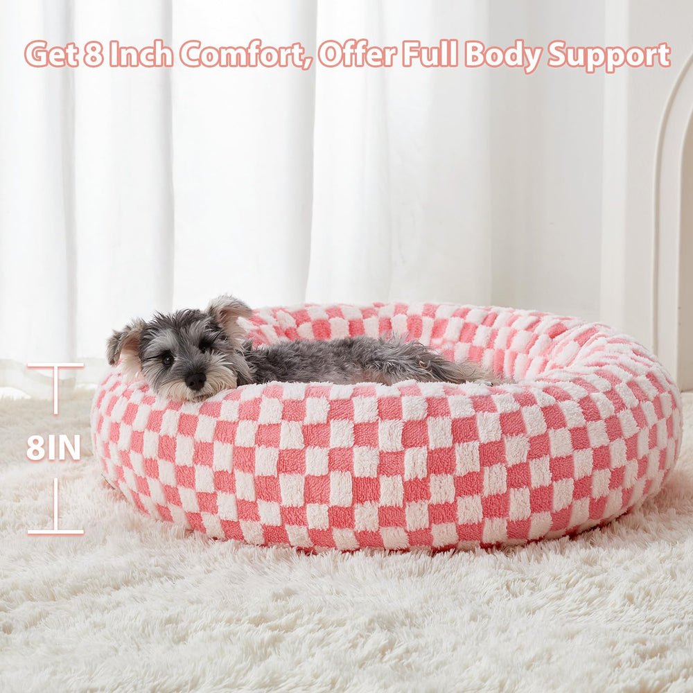 BFPETHOME donut bed pink close-up fabric highlights soft jacquard plush.