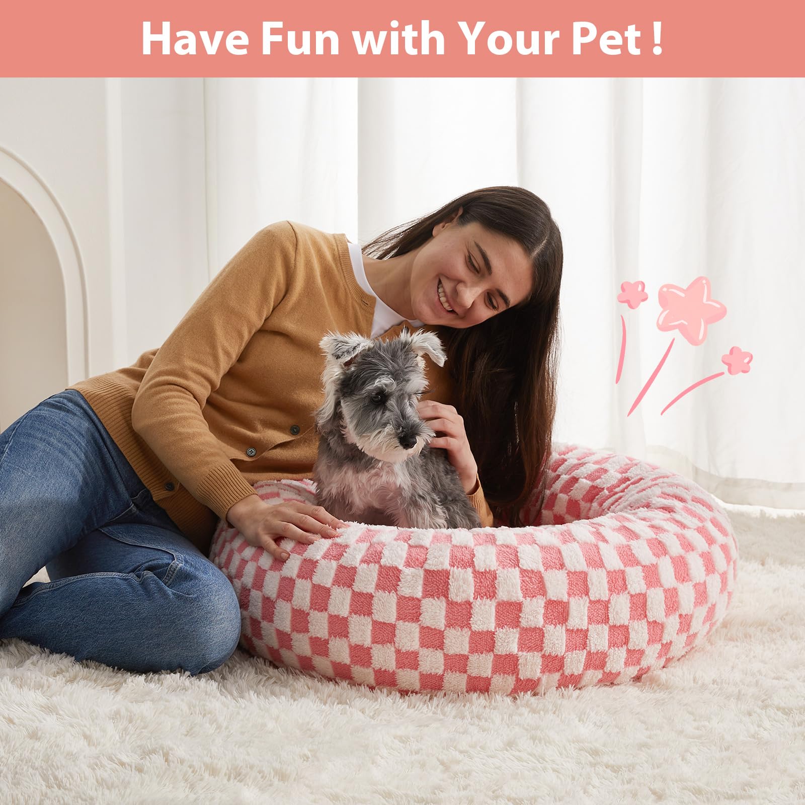 BFPETHOME donut dog bed pink machine-washable for easy cleaning.