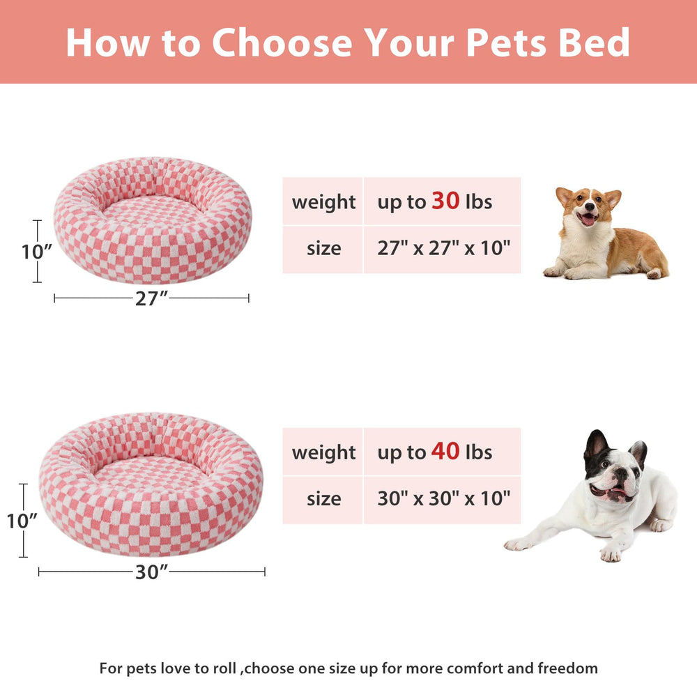 BFPETHOME donut dog bed pink medium-size tag shows suitability for dogs up to 40 pounds