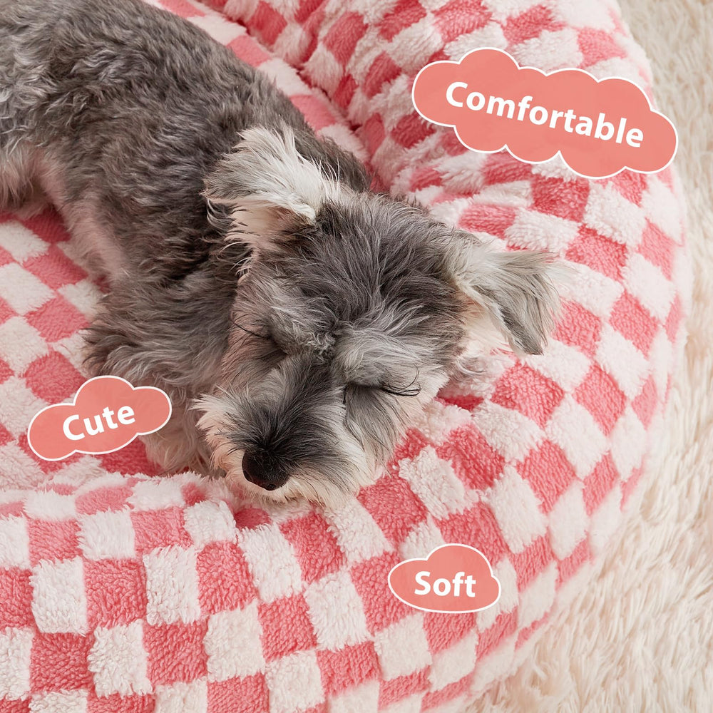BFPETHOME donut dog bed pink side view highlights plush walls cradle anxious pups