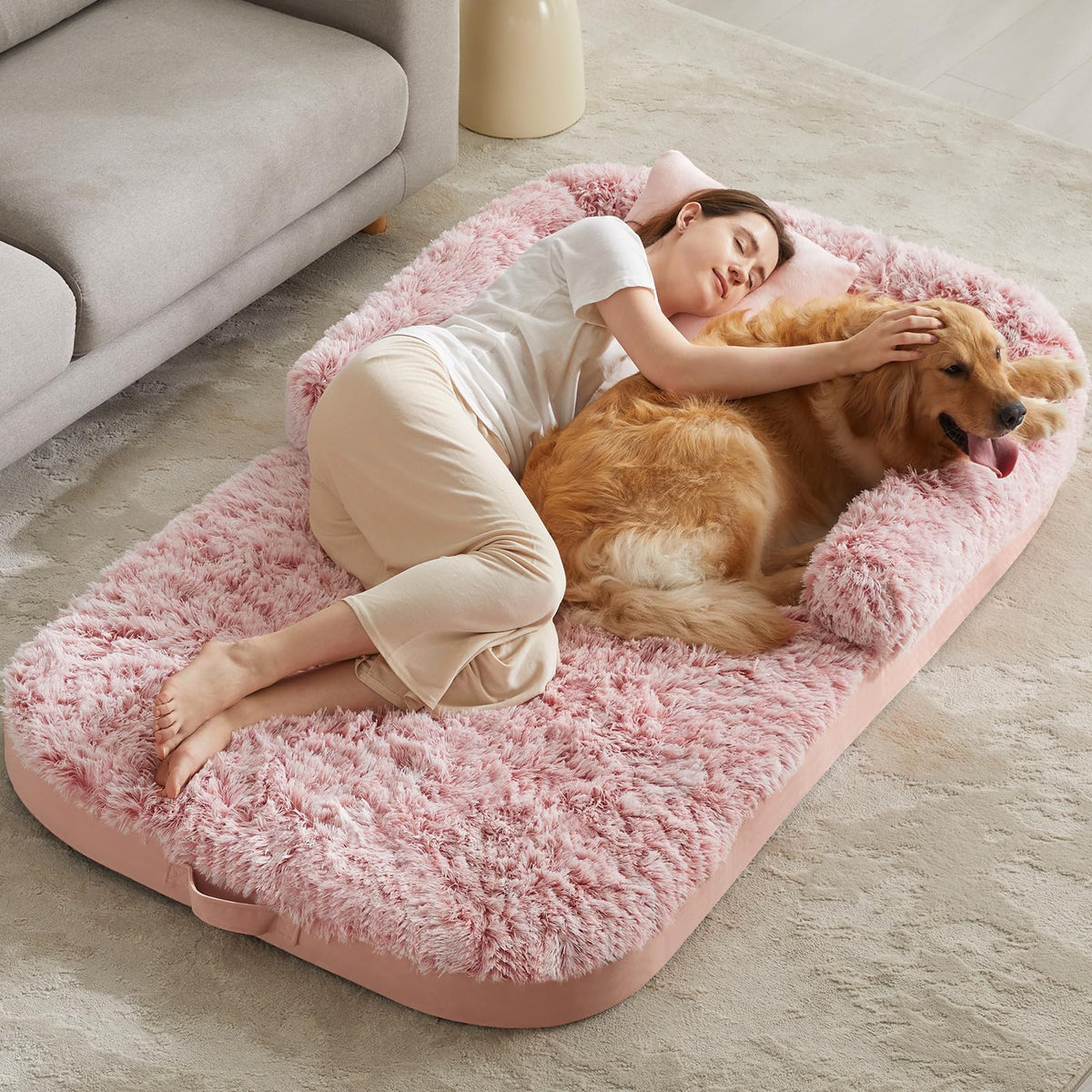 BFPETHOME human dog bed pink side view showing spacious lounging for people and pets