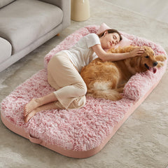 BFPETHOME human dog bed pink side view showing spacious lounging for people and pets
