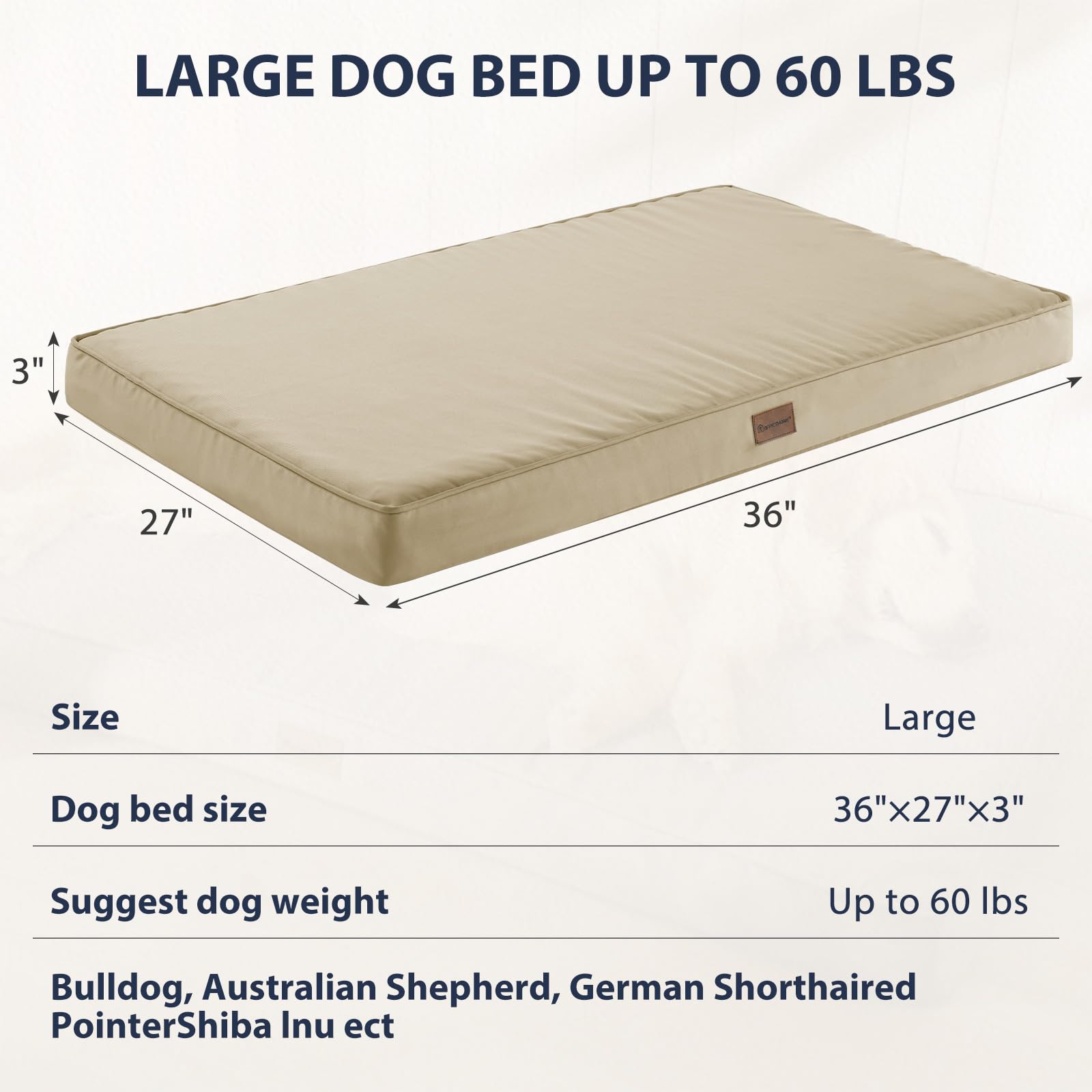 BFPETHOME size 36x27 bed fits dogs up to 60 lbs for ample lounging.