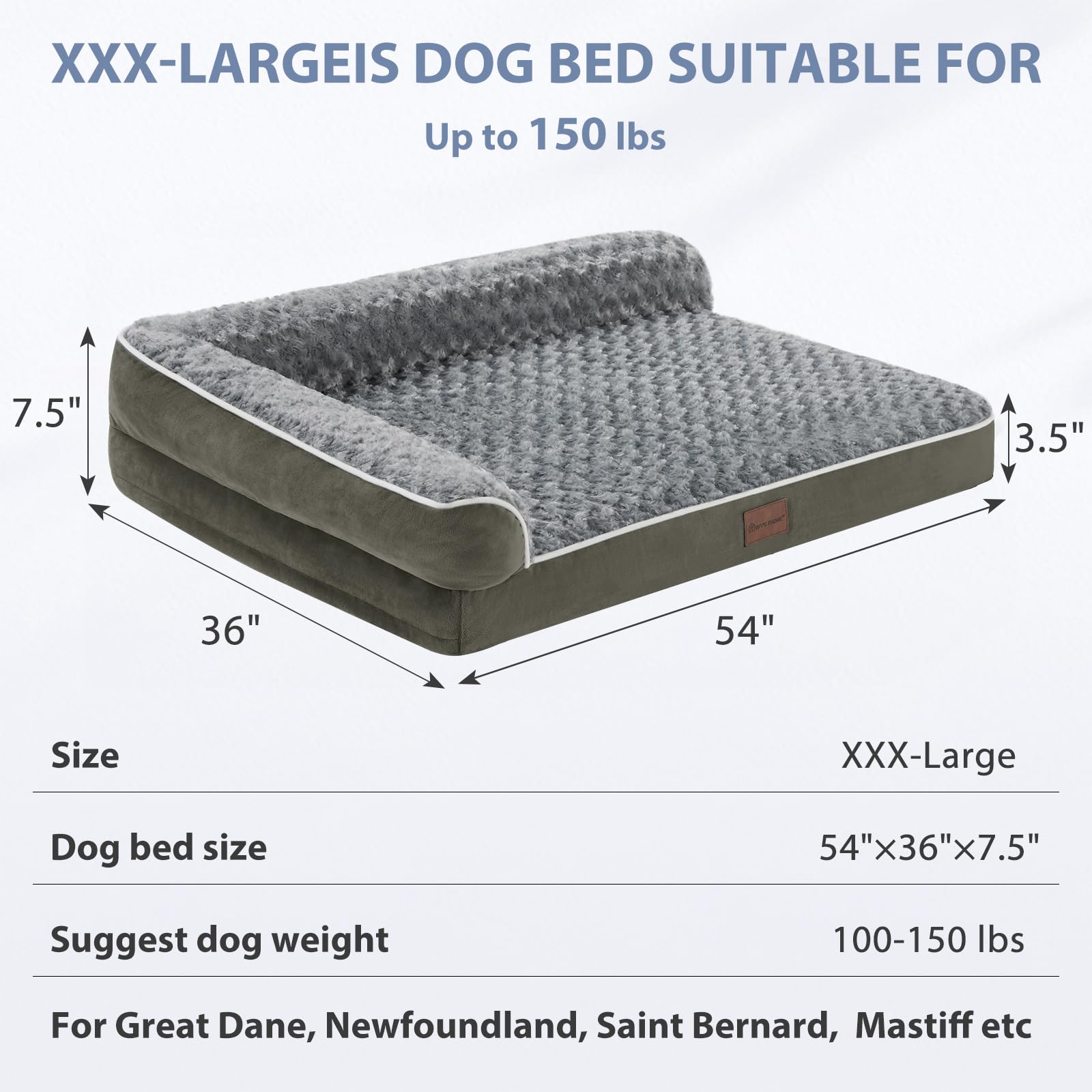 BFPETHOME XXL+ dog bed dimensions 54 by 36 inches for extra-large dogs.
