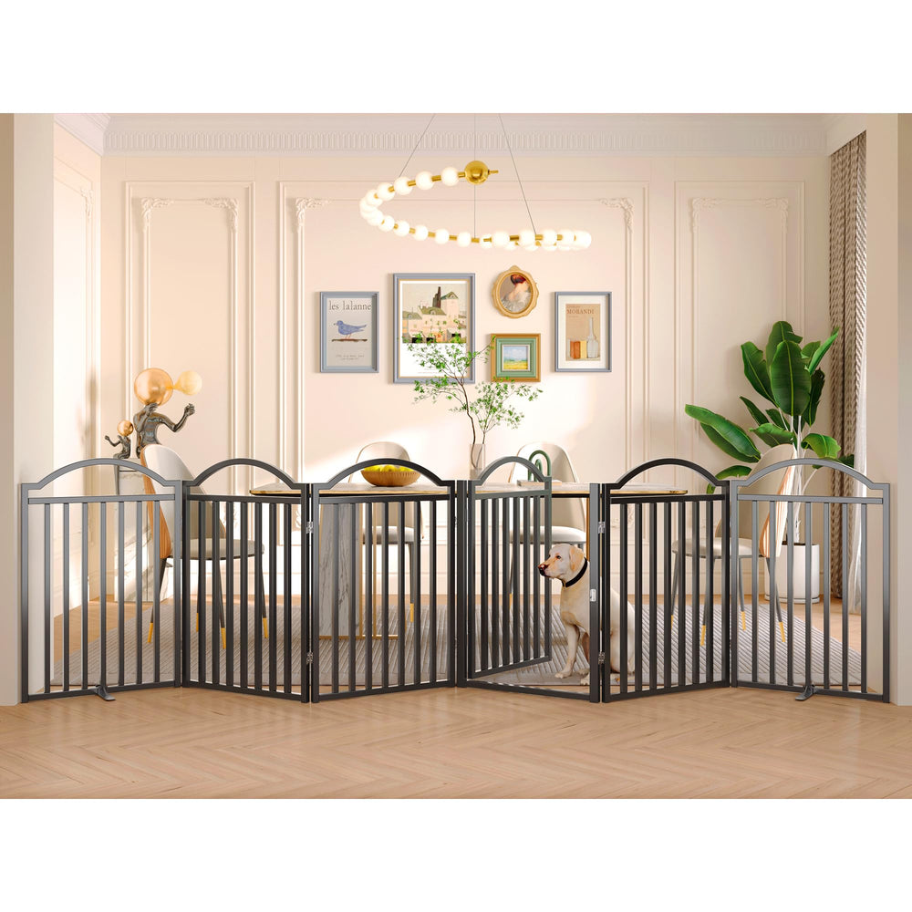 BHG metal no-assembly freestanding dog gate with walk-through door for easy access