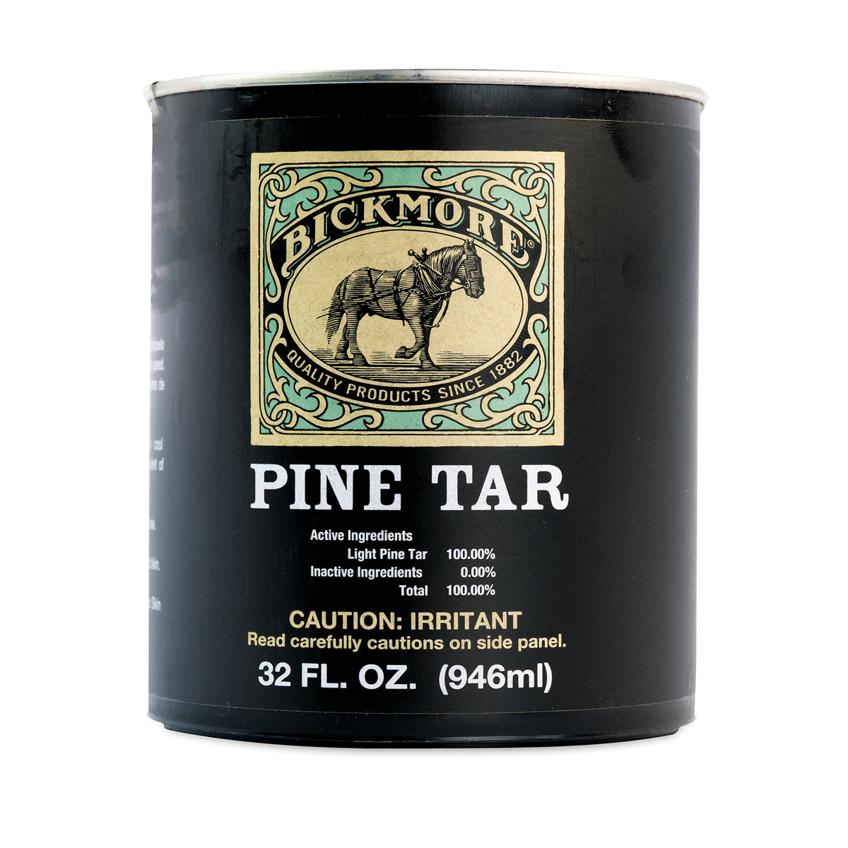 Bickmore Pine Tar 32oz bottle for hoof care, ready to moisturize and protect hooves.