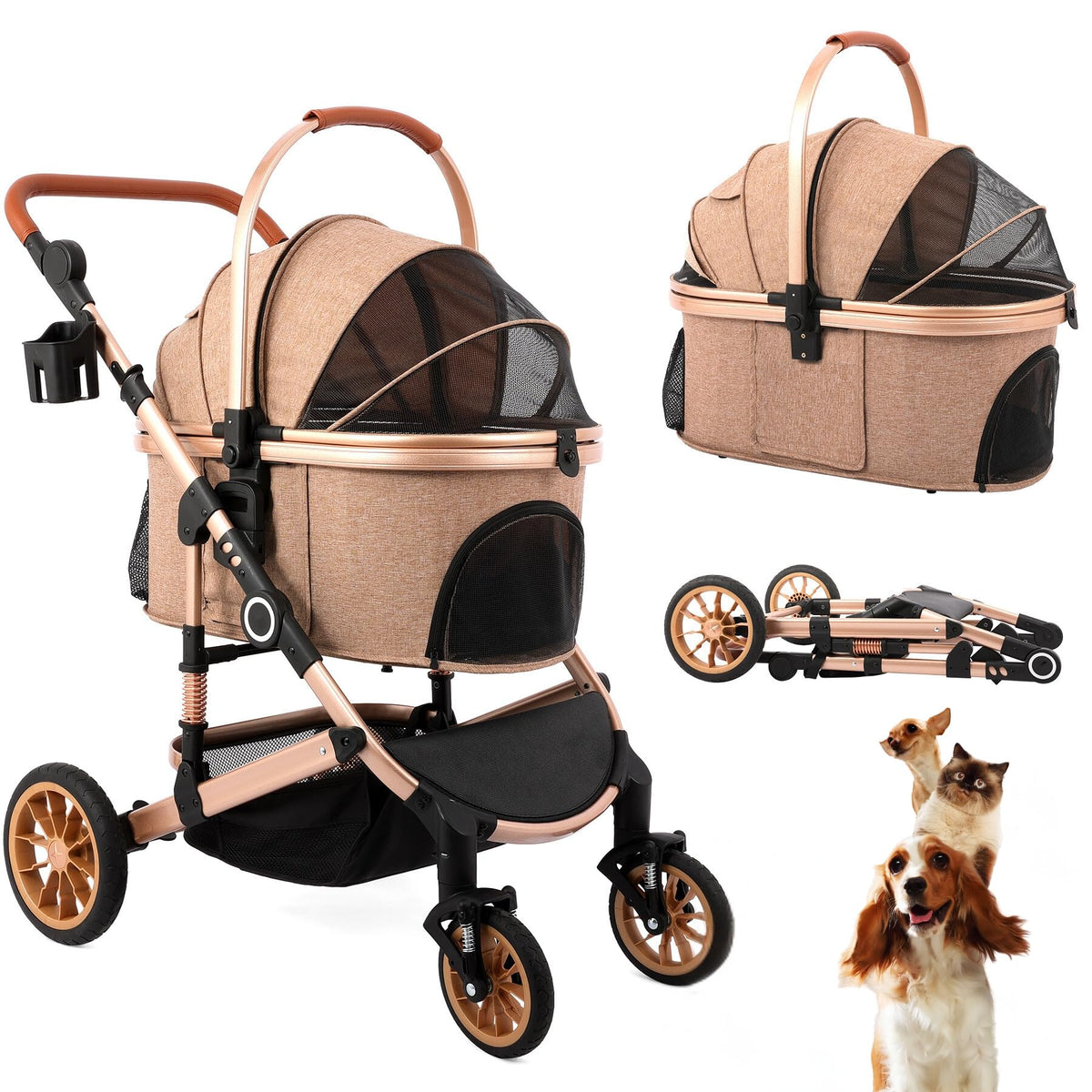 bicystar pet stroller front view with tan frame, foldable for easy storage
