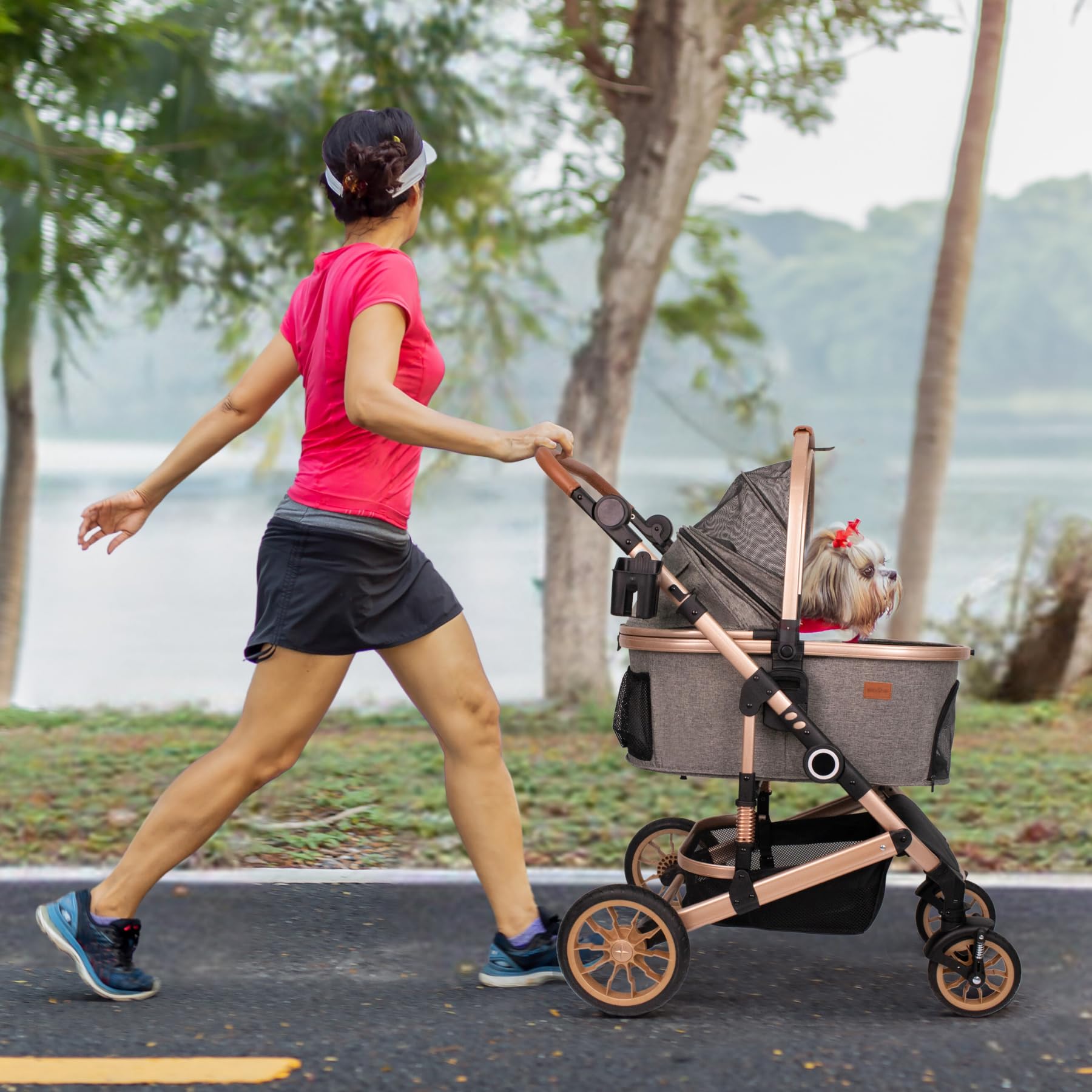 Bicystar pet stroller folded compact form for storage and travel.