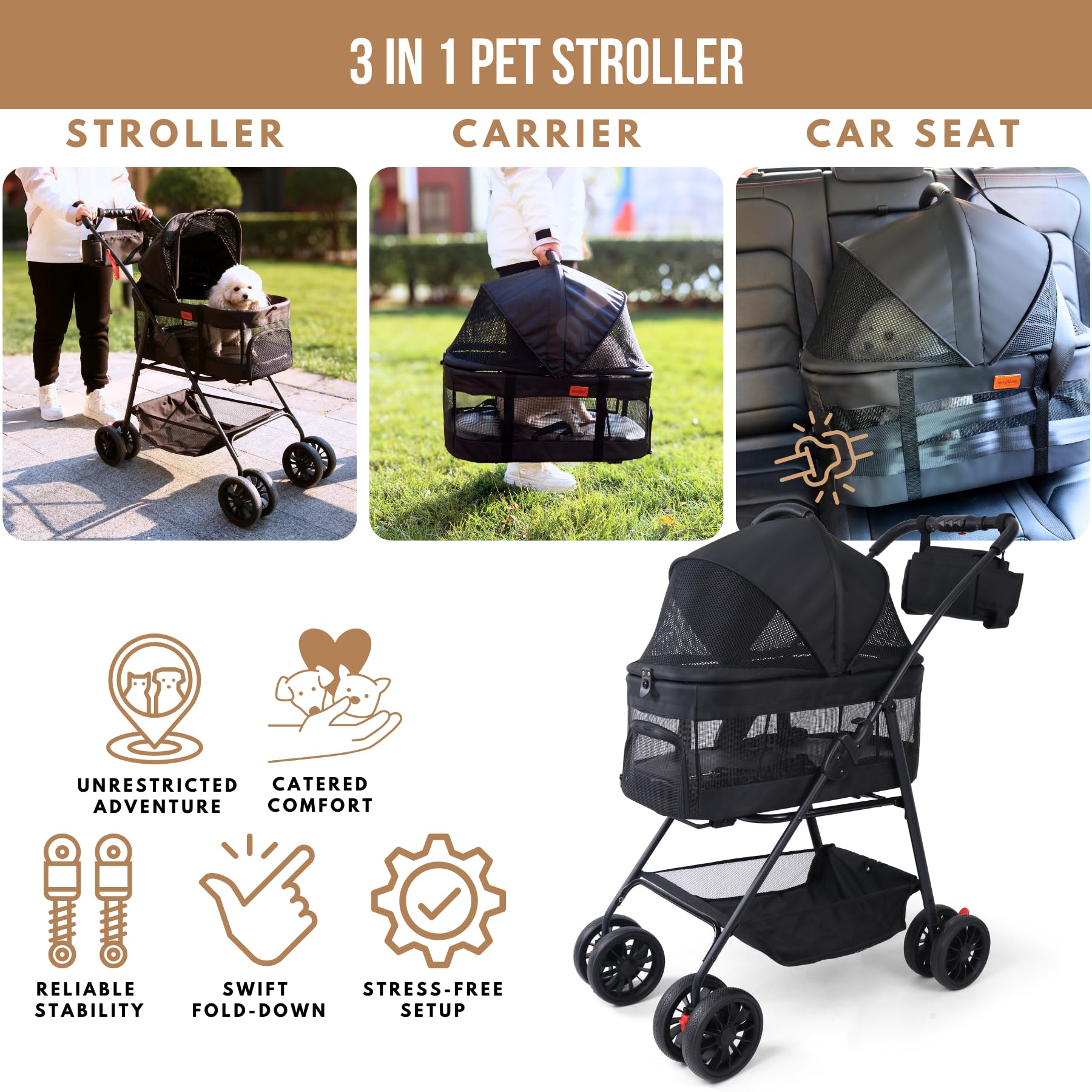 Bicystar pet stroller folded for travel demonstrates easy one-handed folding.