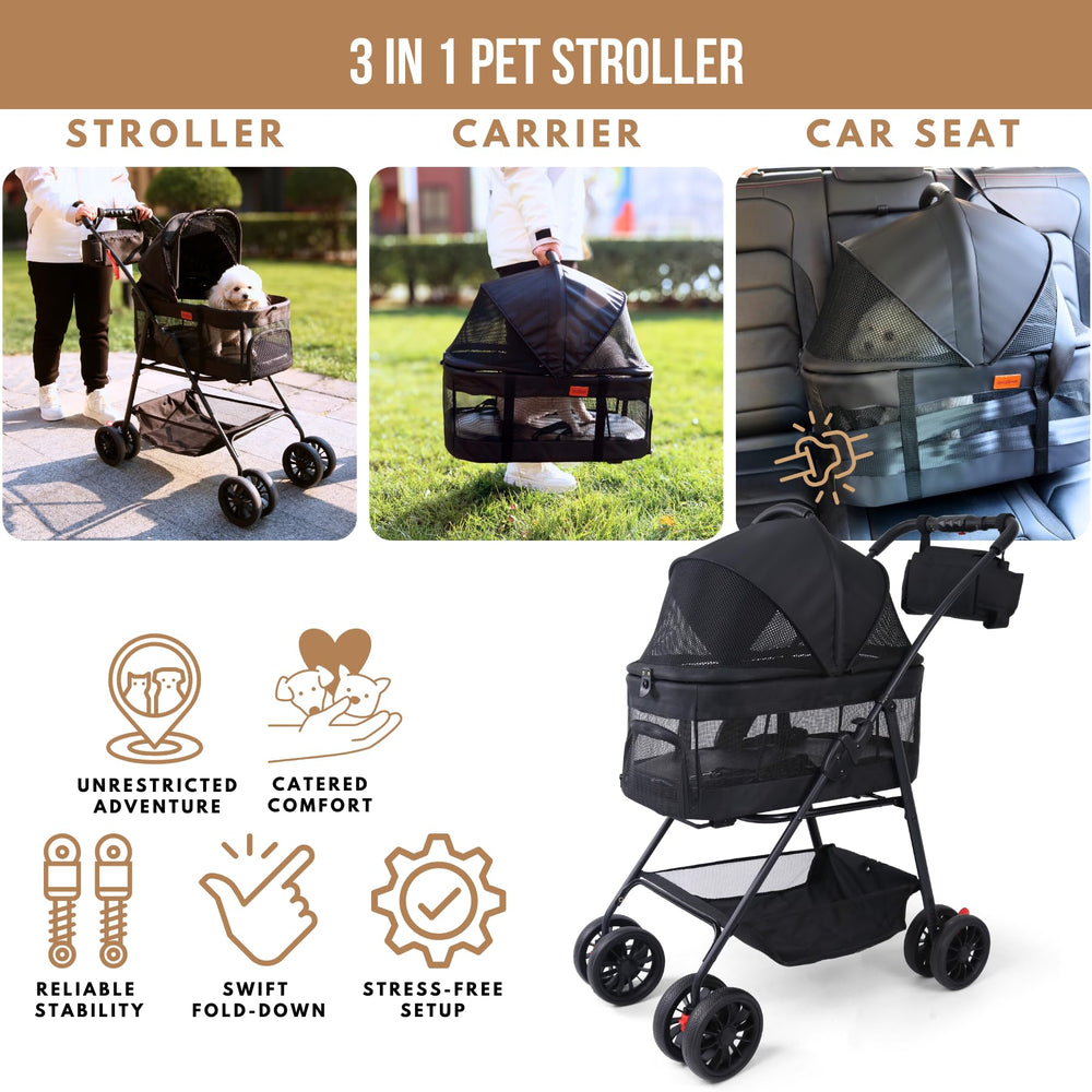 Bicystar pet stroller folded for travel demonstrates easy one-handed folding.