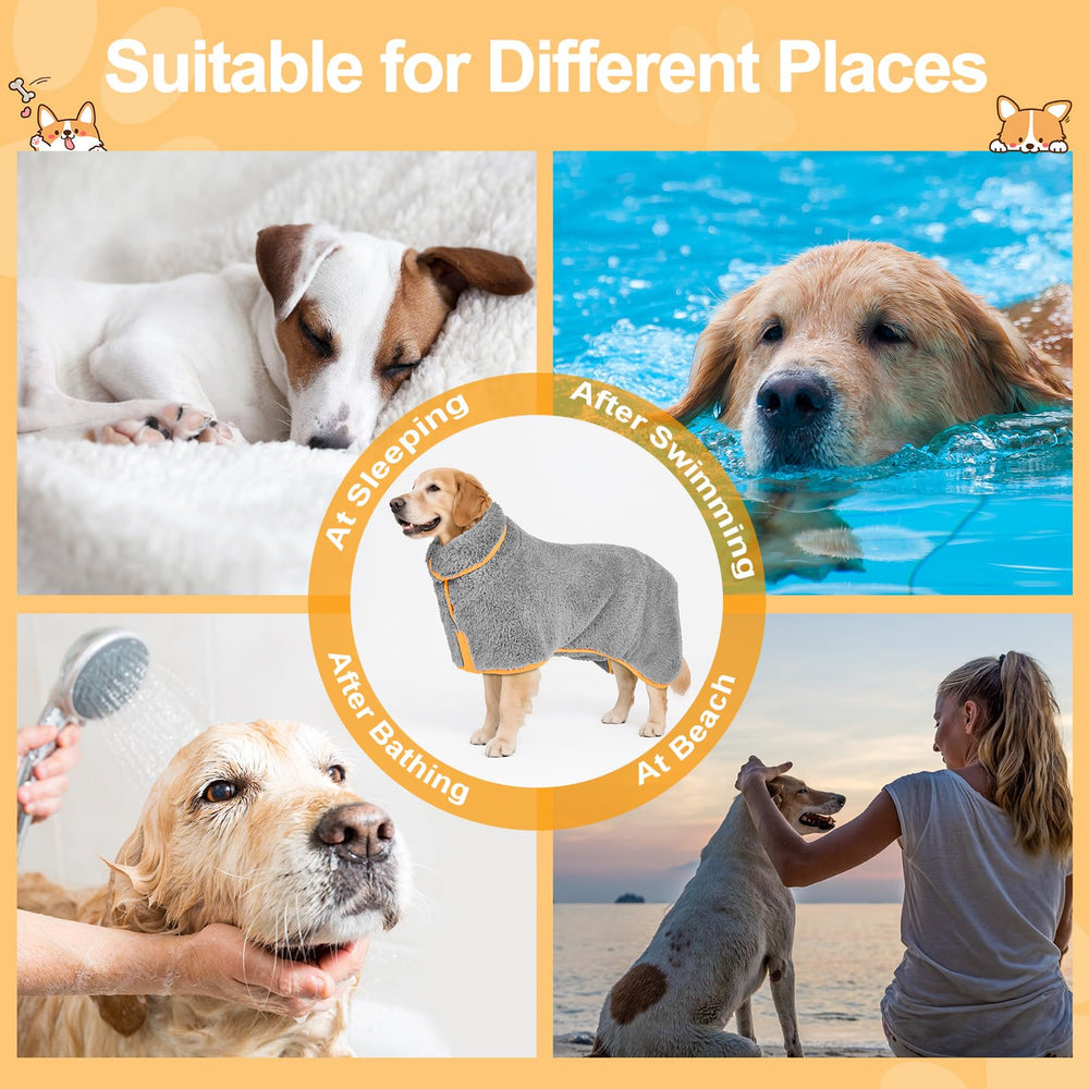 Bienbee dog bathrobe after-bath use results in warm, cozy drying experience.