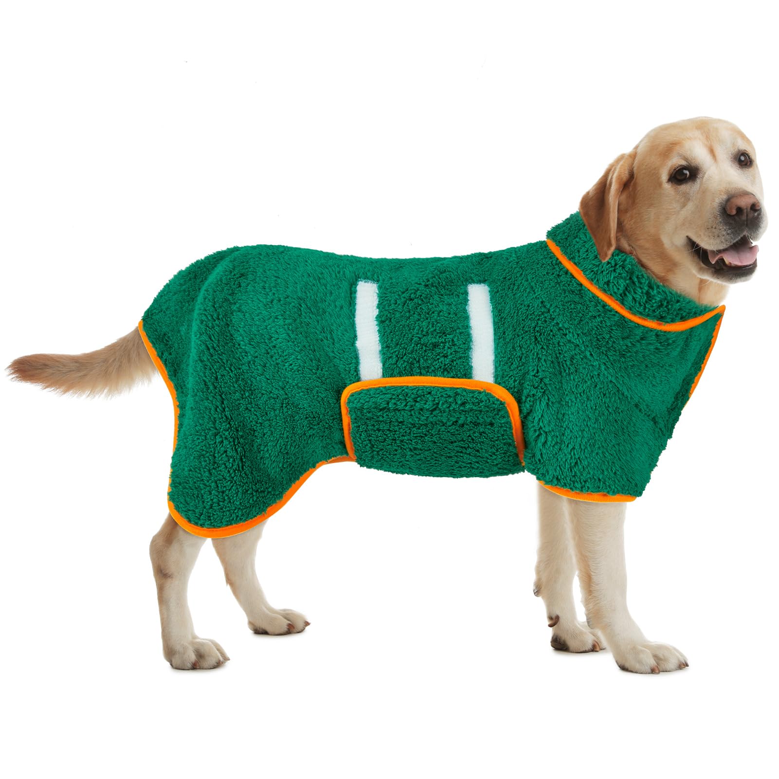 Bienbee dog bathrobe front view highlights quick-dry, absorbent fabric.