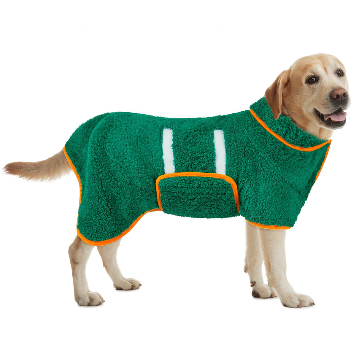 Bienbee dog bathrobe front view highlights quick-dry, absorbent fabric.