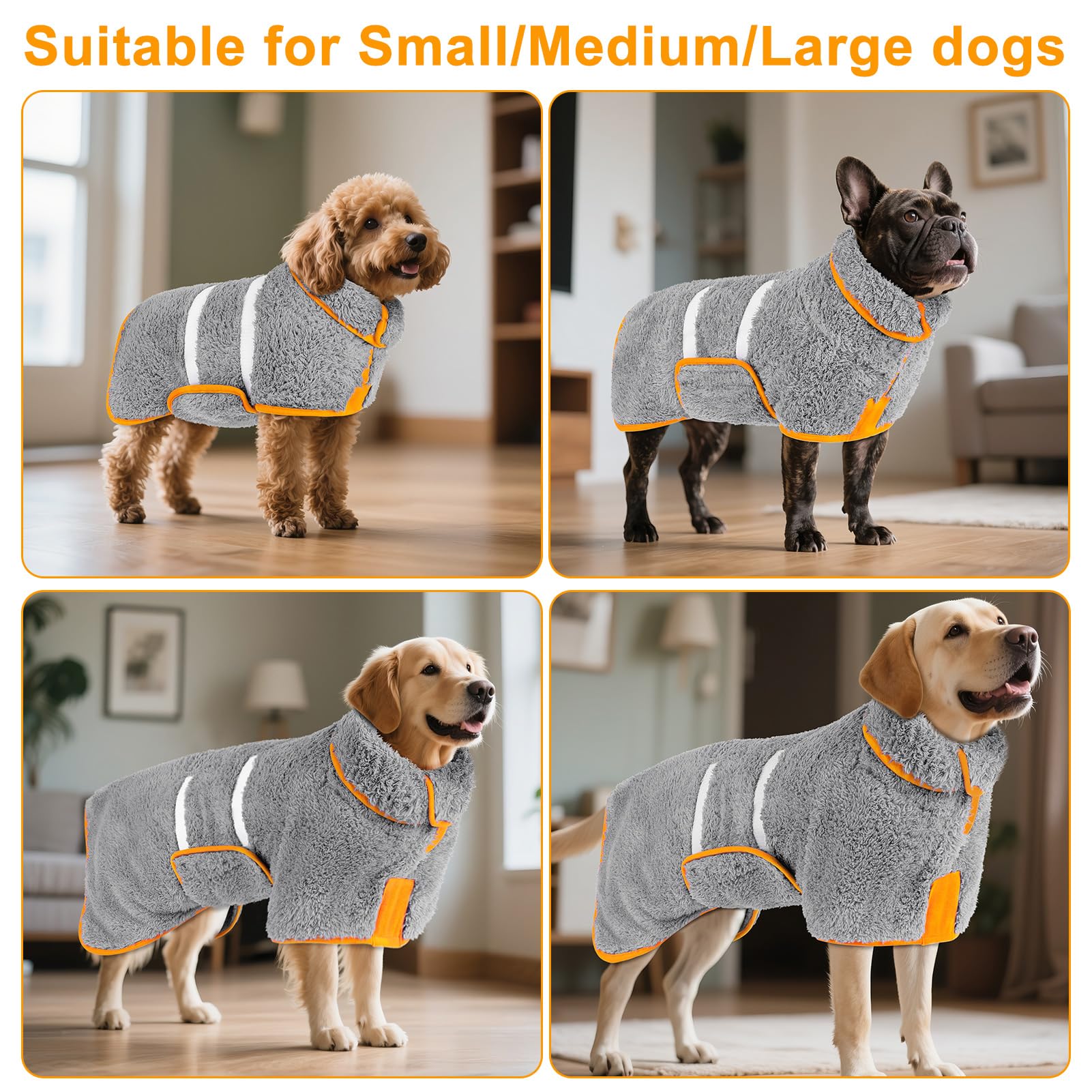 Bienbee dog bathrobe gray-xxl worn by a large dog demonstrates size versatility.