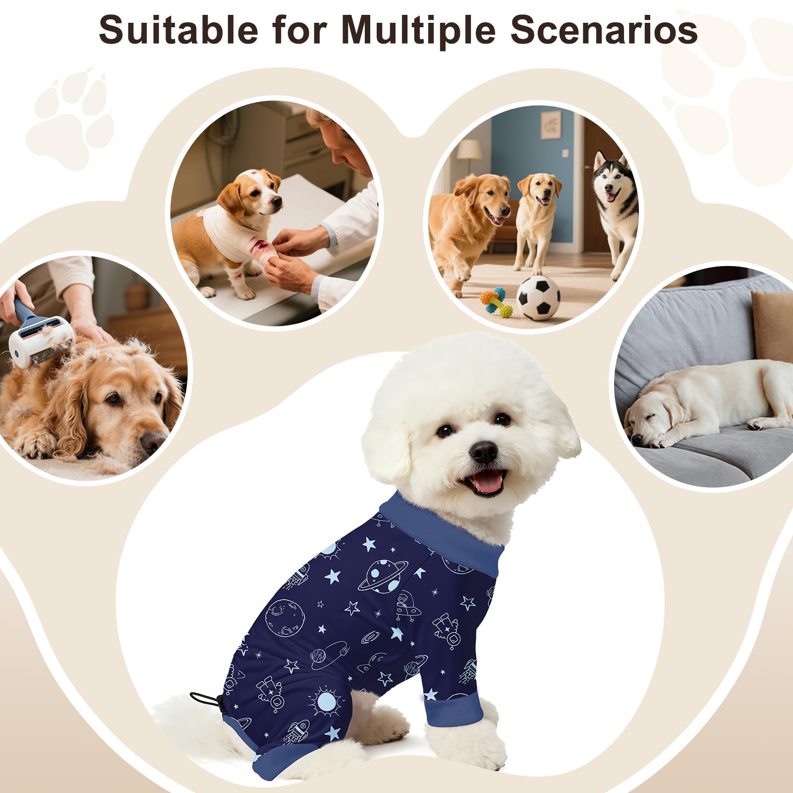 Bienbee dog pajamas model wearing space-dinosaurs set for real-life use