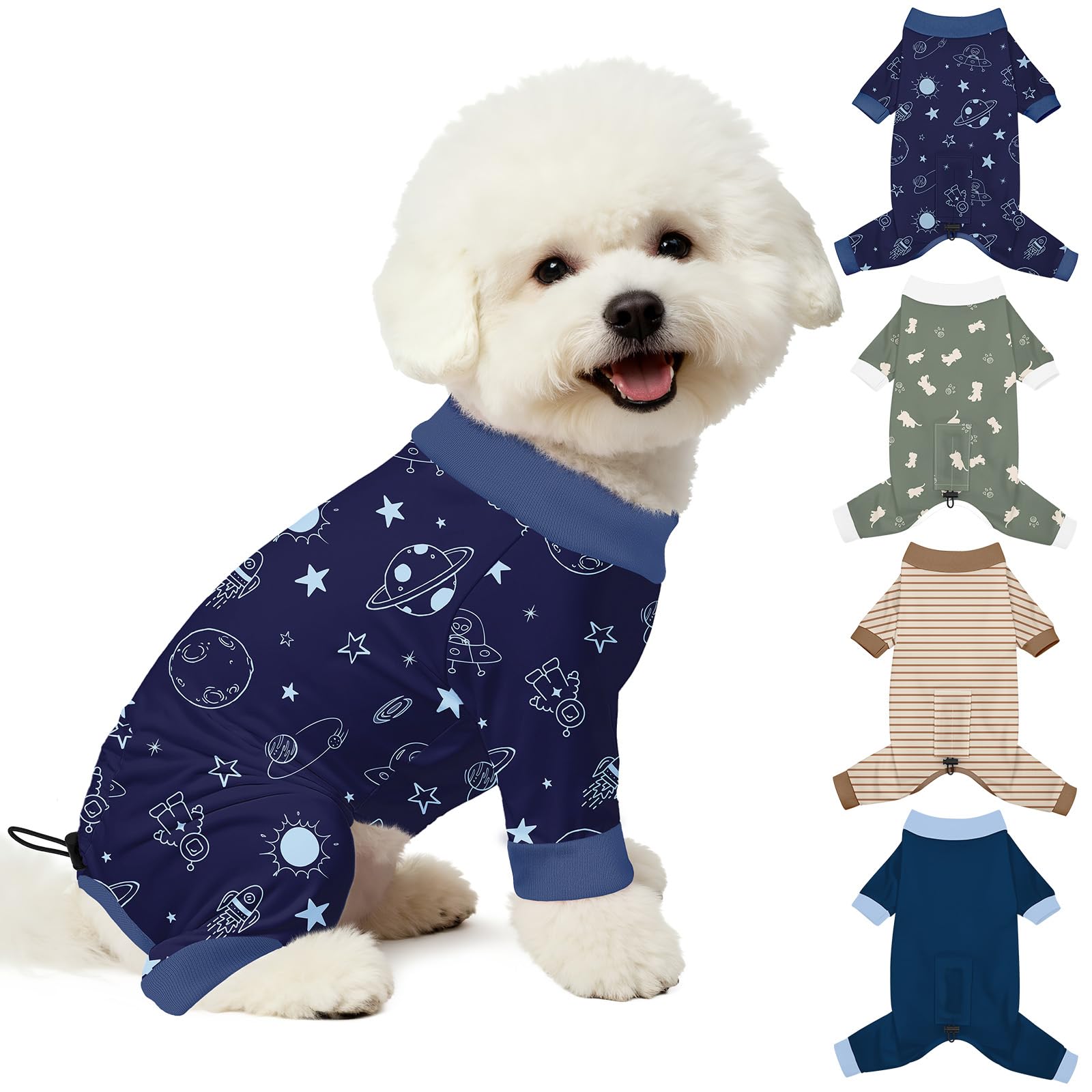 Bienbee space-dinosaurs dog pajamas front view showing pattern and fit for easy wear