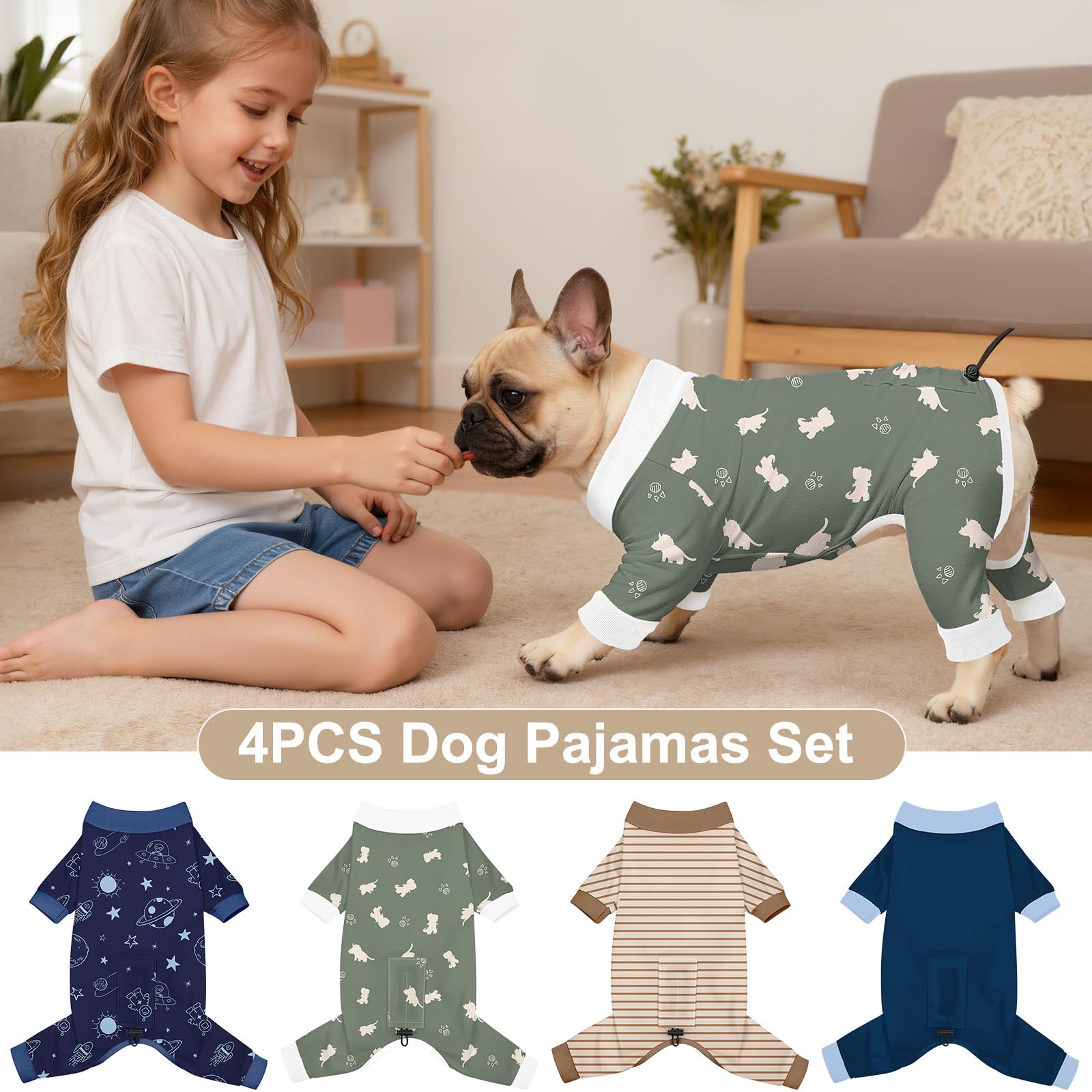 Bienbee space-dinosaurs dog pajamas side-wear image highlighting comfortable cut