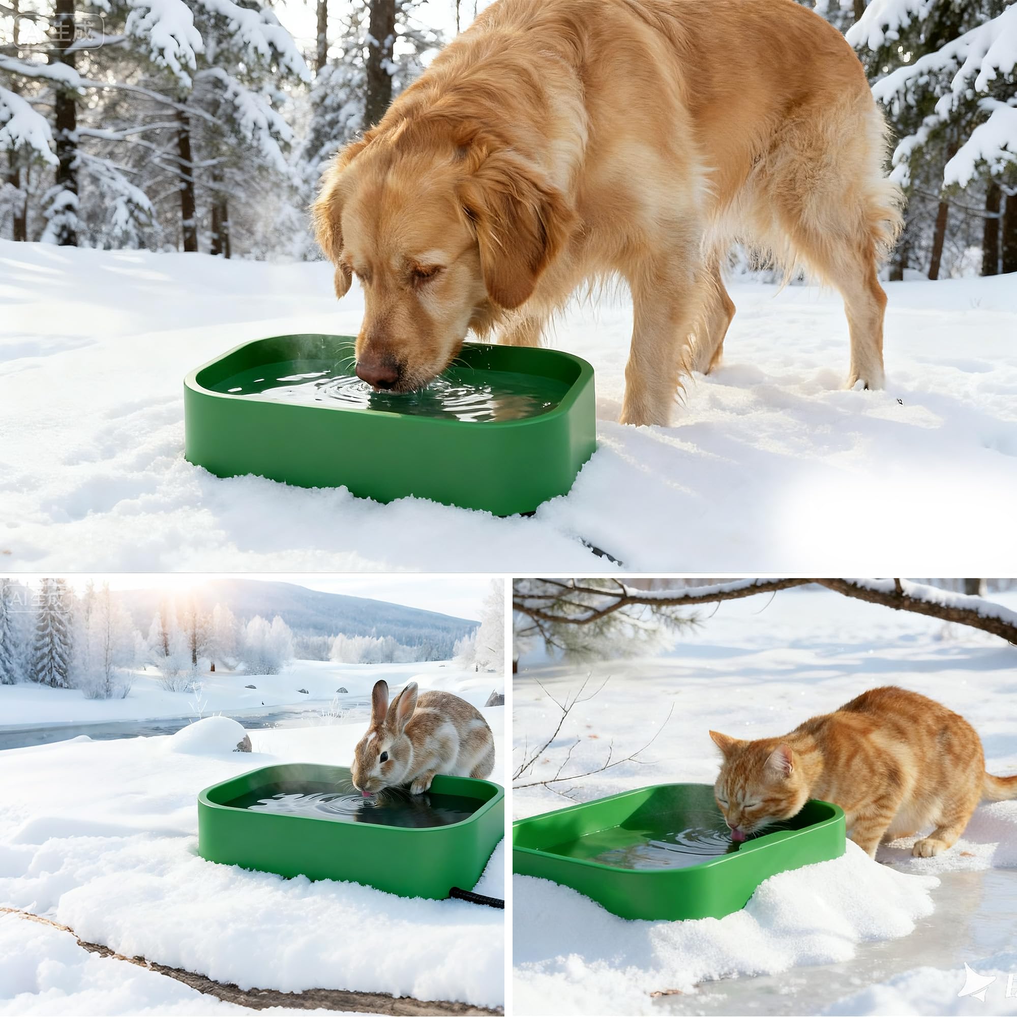 BietrunPro winter garden scene with warm water bowl for pets and wildlife.