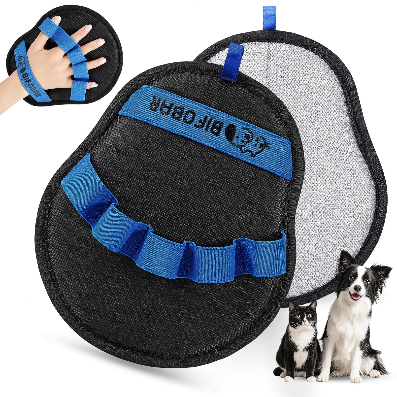 Bifobar pet hair removal glove on hand with five-finger design for precise grooming