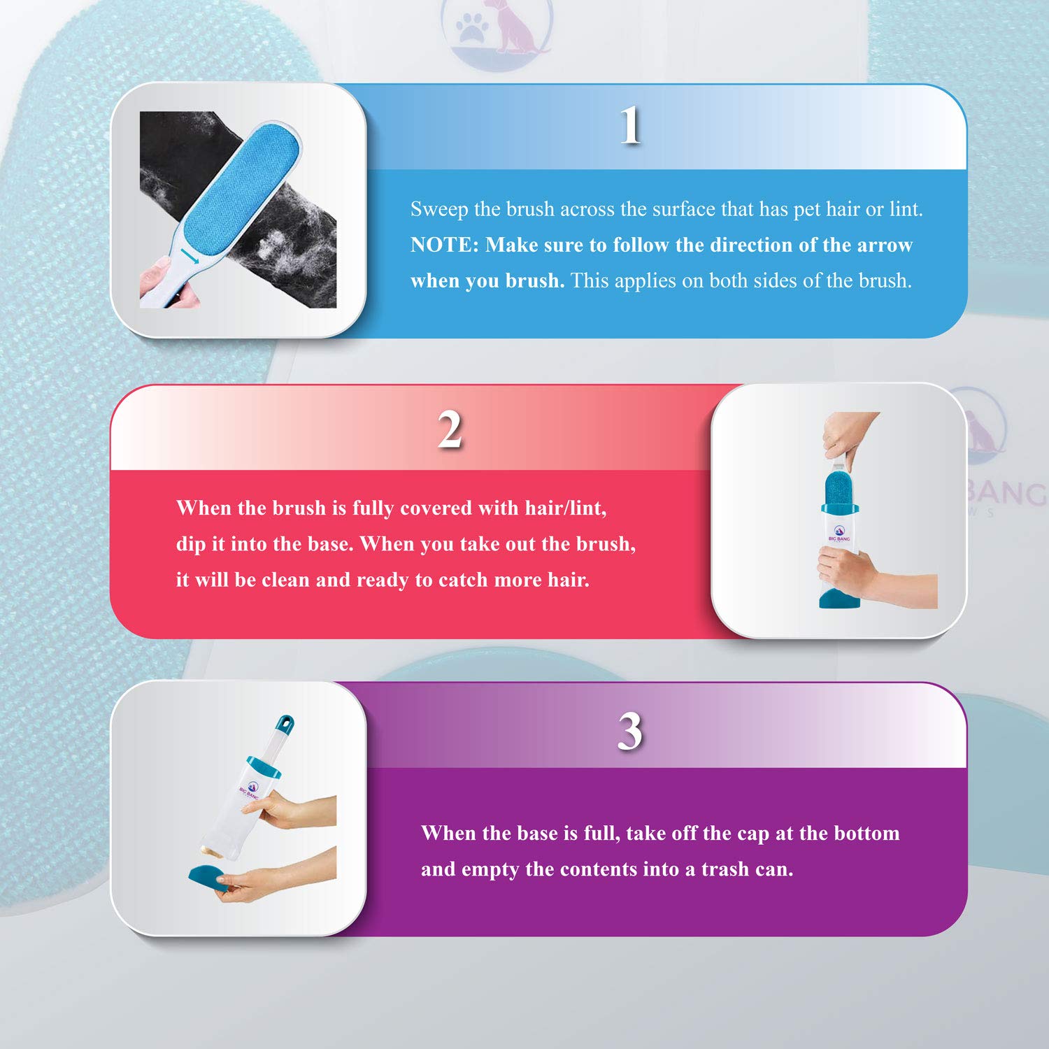 Big Bang Paws packaging includes standard brush, base, and travel brush.