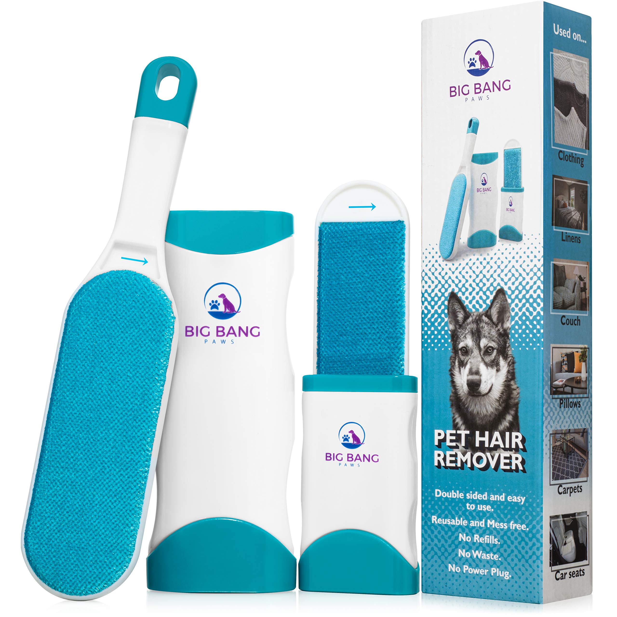 Big Bang Paws pet hair remover brush on clothing for fur-free outfits.