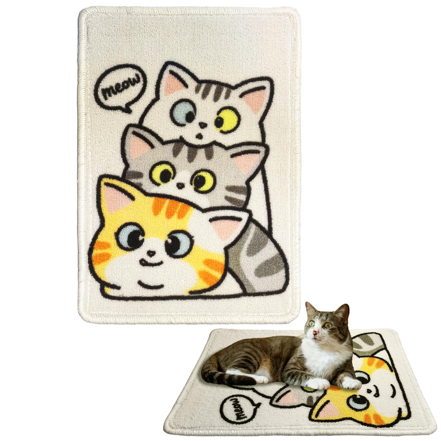 Bigpomelos 3-in-1 cat scratching mat shows integrated scratch and nap surface.