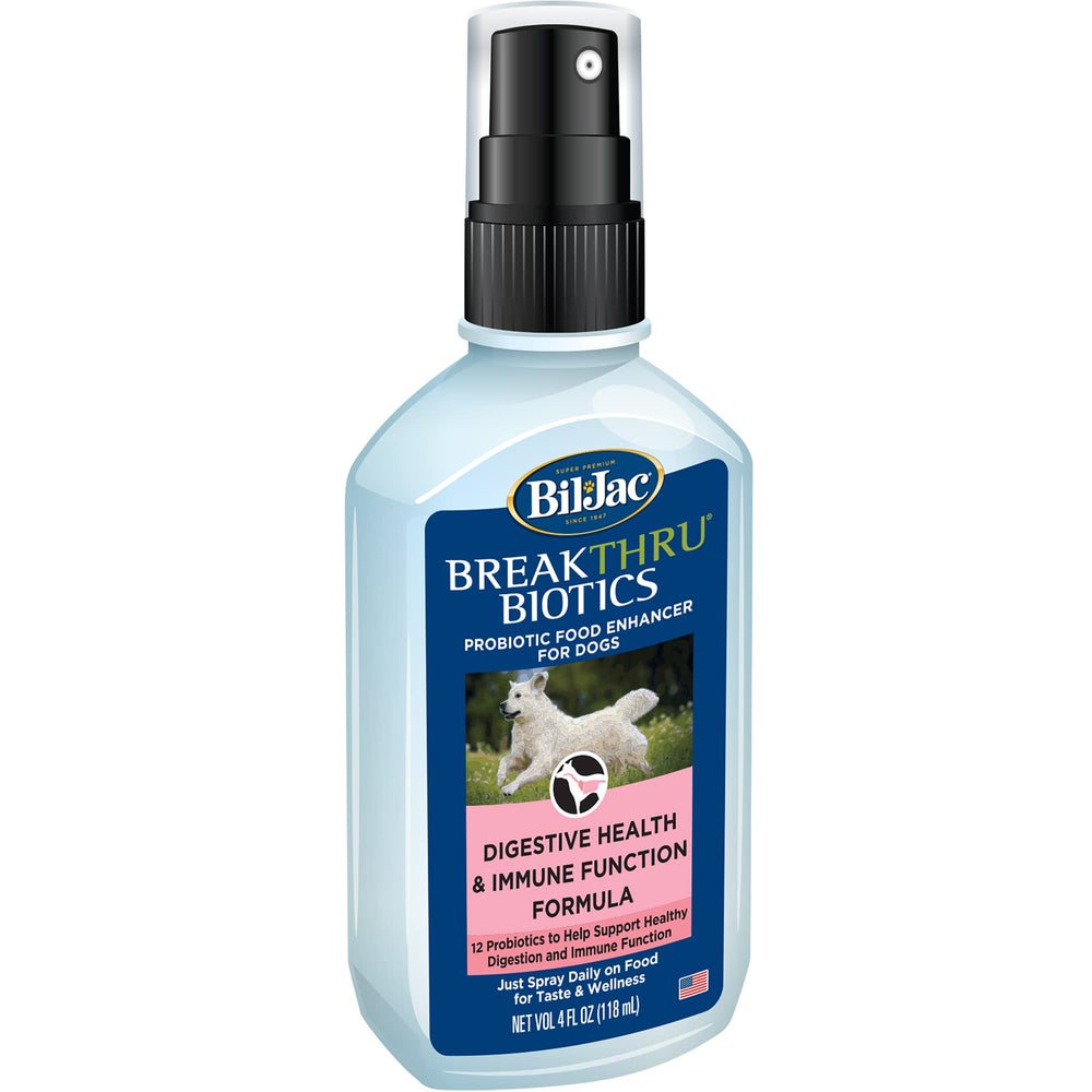 Bil-Jac BreakThru Biotics spray on meals promotes easy daily gut balance for dogs