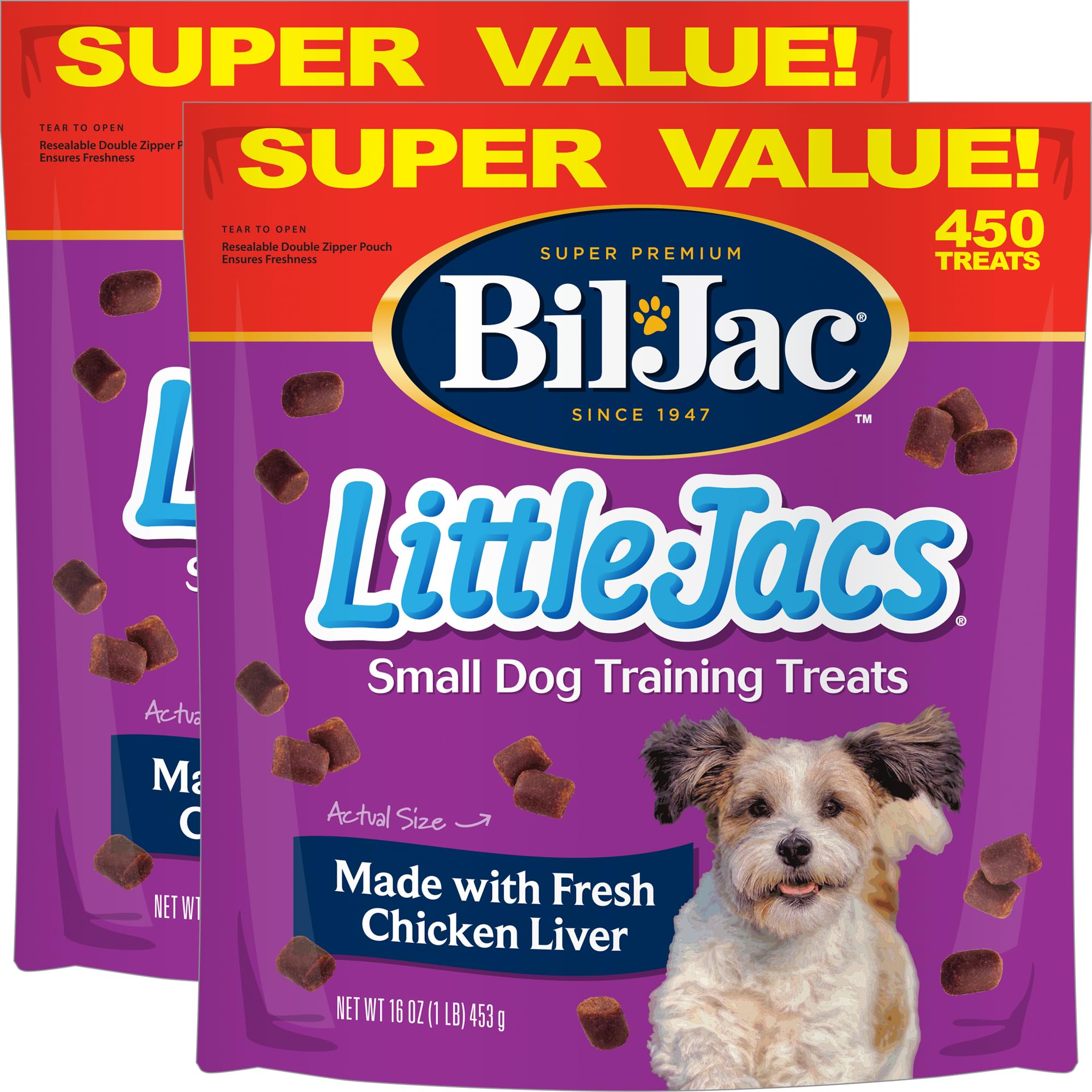 Bil-Jac Little Jacs package shows chicken liver flavor, ideal training reward for small dogs.