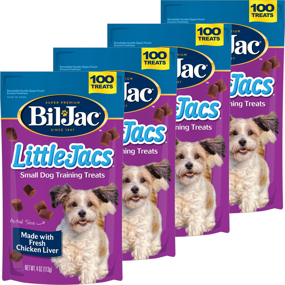 Bil-Jac Little Jacs training treats in resealable pouch preserve freshness during sessions.