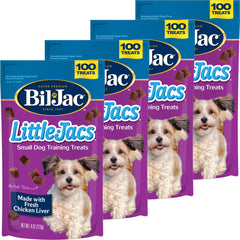 Bil-Jac Little Jacs training treats in resealable pouch preserve freshness during sessions.