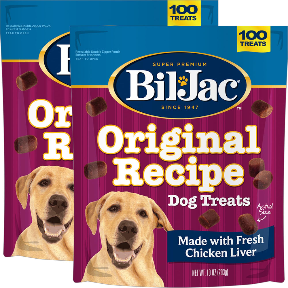 Bil-Jac Original Recipe soft training treats, chicken liver morsels, resealable pouch for freshness.