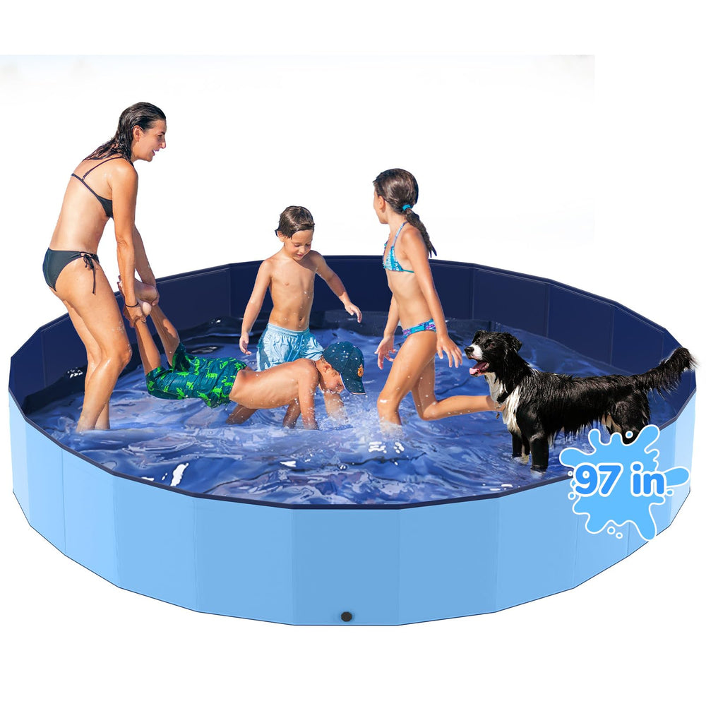 Bilibara 97-inch foldable dog pool full view highlights oversized space for large dogs and family fun.