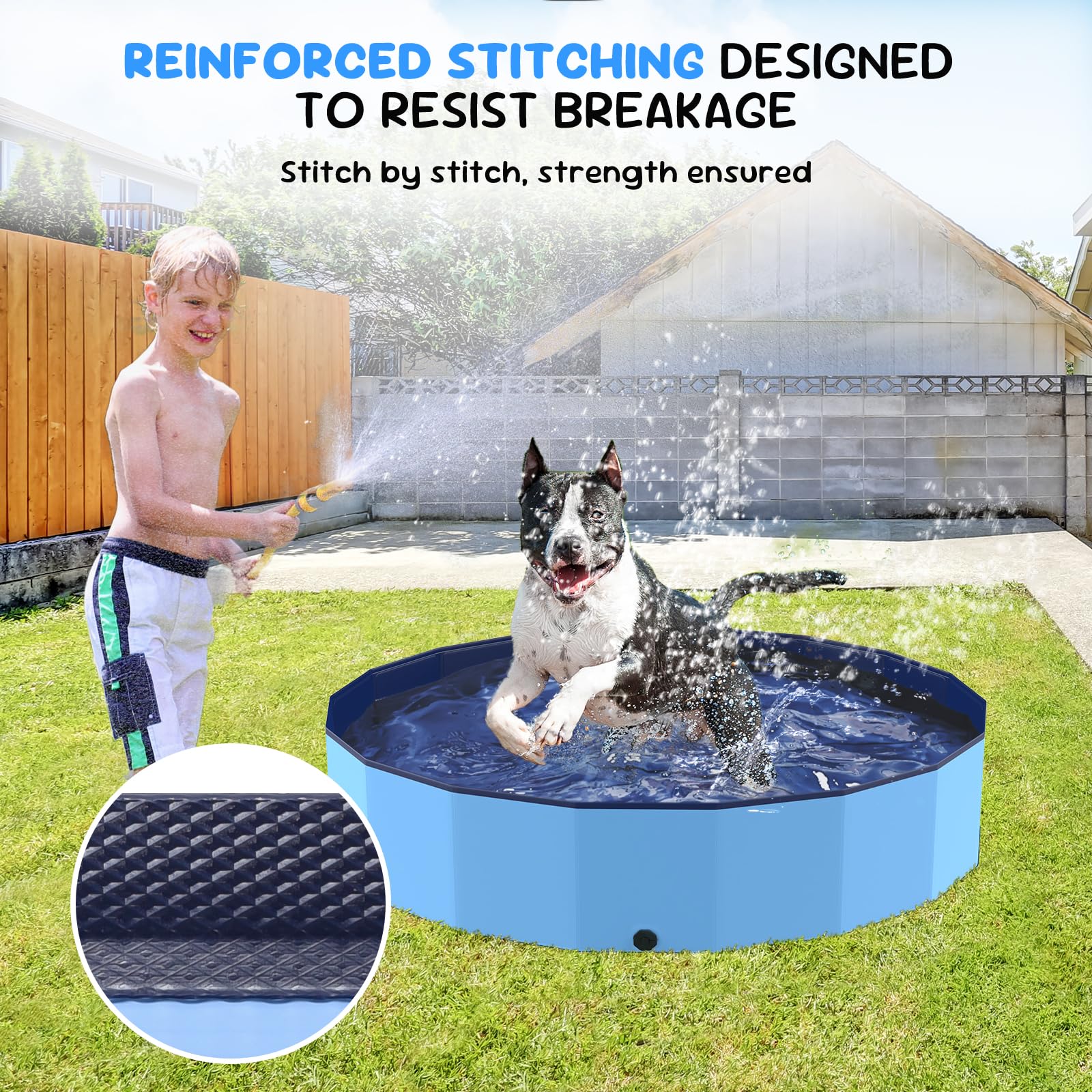 Bilibara dog pool with drain hose connects for easy water disposal after use.