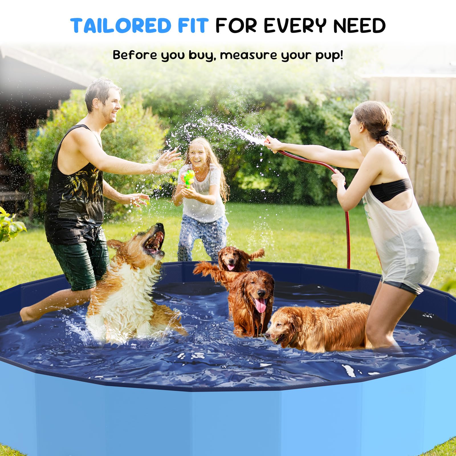 Bilibara dog pool size range visual shows options from 37 to 97 inches for all dogs.