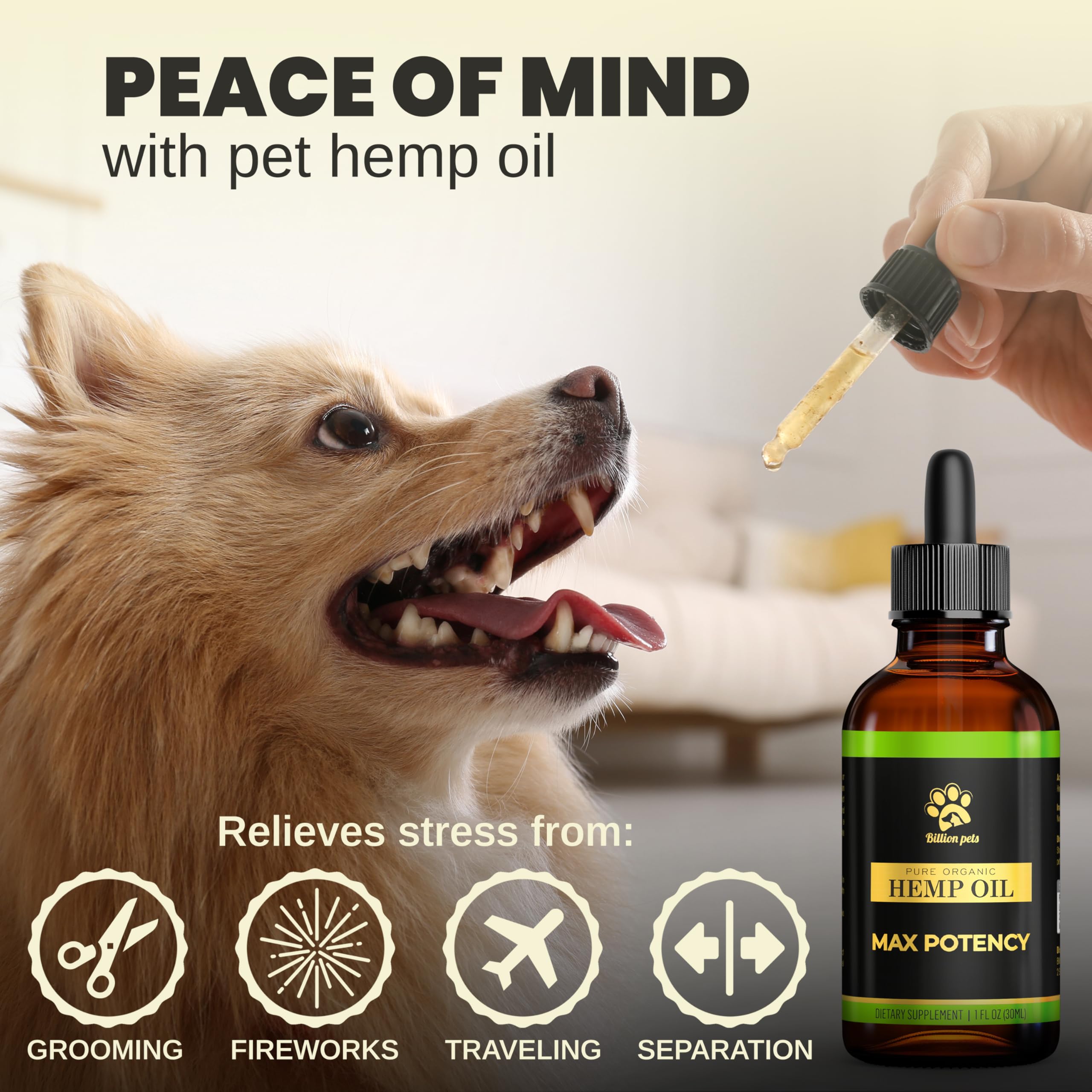 Billion Pets hemp oil bottle on table for easy dosing