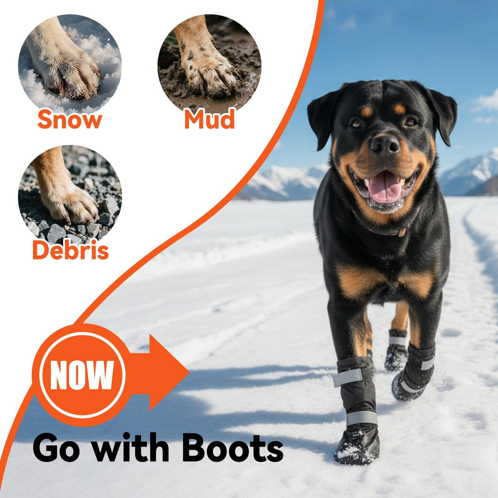 Billionchains dog boots side view; secure fit to prevent slipping on slick sidewalks.