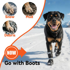Billionchains dog boots side view; secure fit to prevent slipping on slick sidewalks.