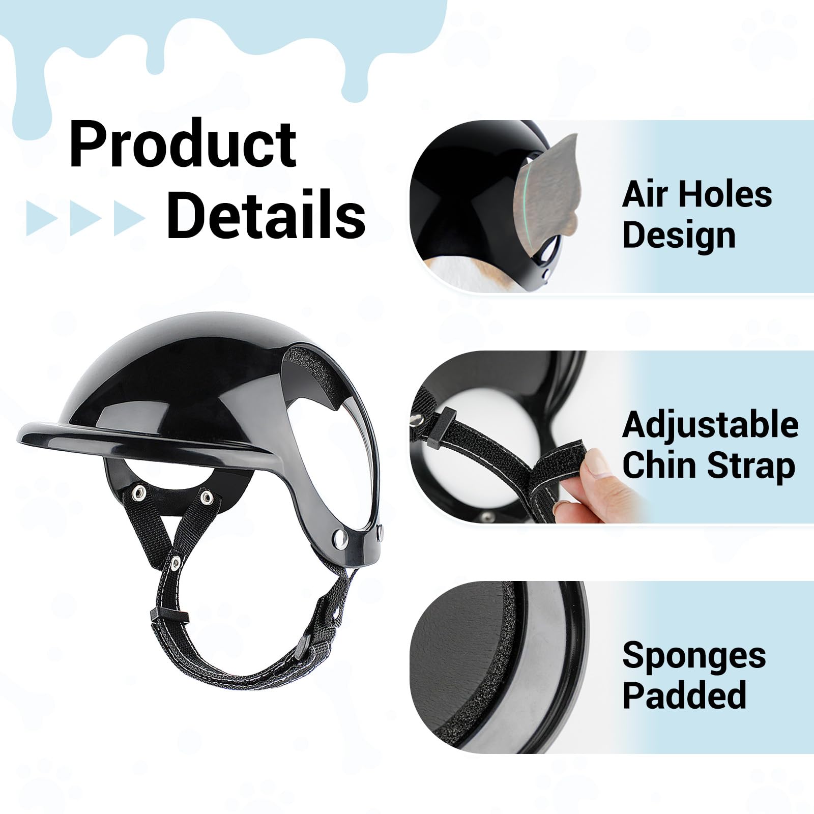 BillionChains dog helmet adjustable strap ensures secure, comfortable wear for various small dog sizes.
