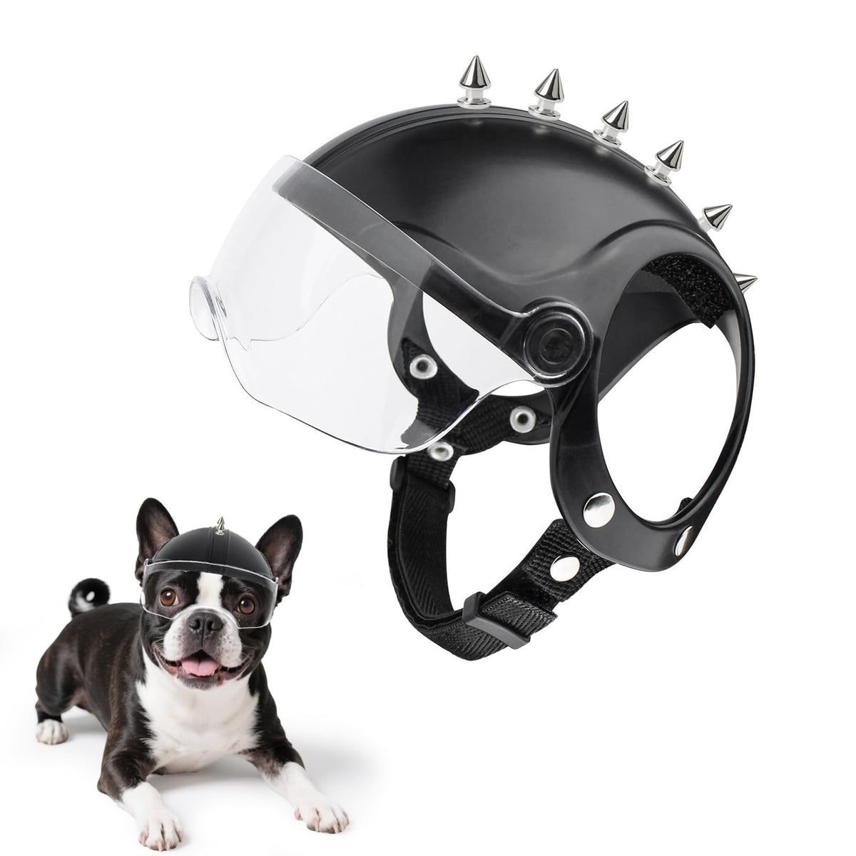 Billionchains dog helmet with drop-down visor offers clear wide vision and UV protection.