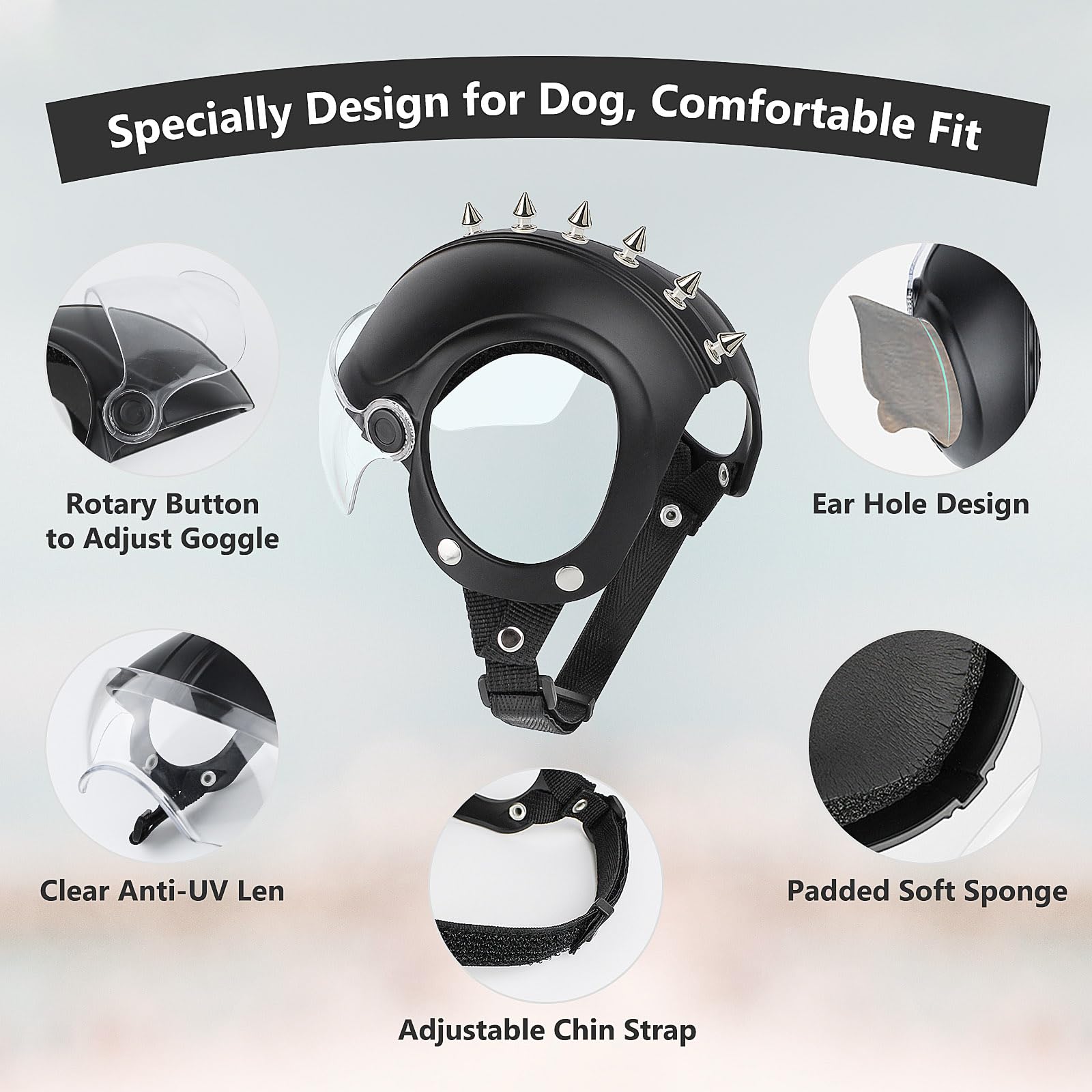 Billionchains dog helmet side view highlighting rivets and secure fit for bike rides.