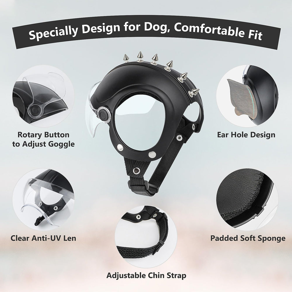 Billionchains dog helmet side view highlighting rivets and secure fit for bike rides.