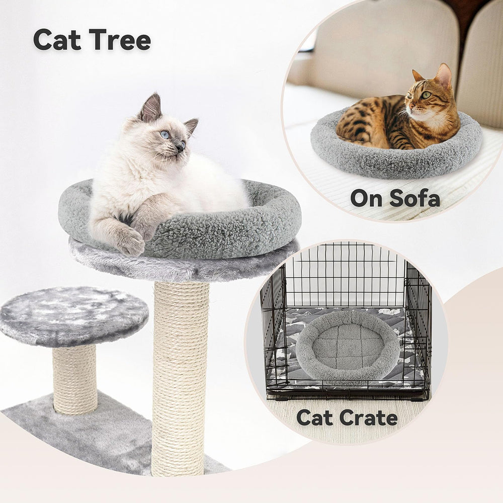 Billionchains round cat bed raised edges neck support provides comfy resting position.