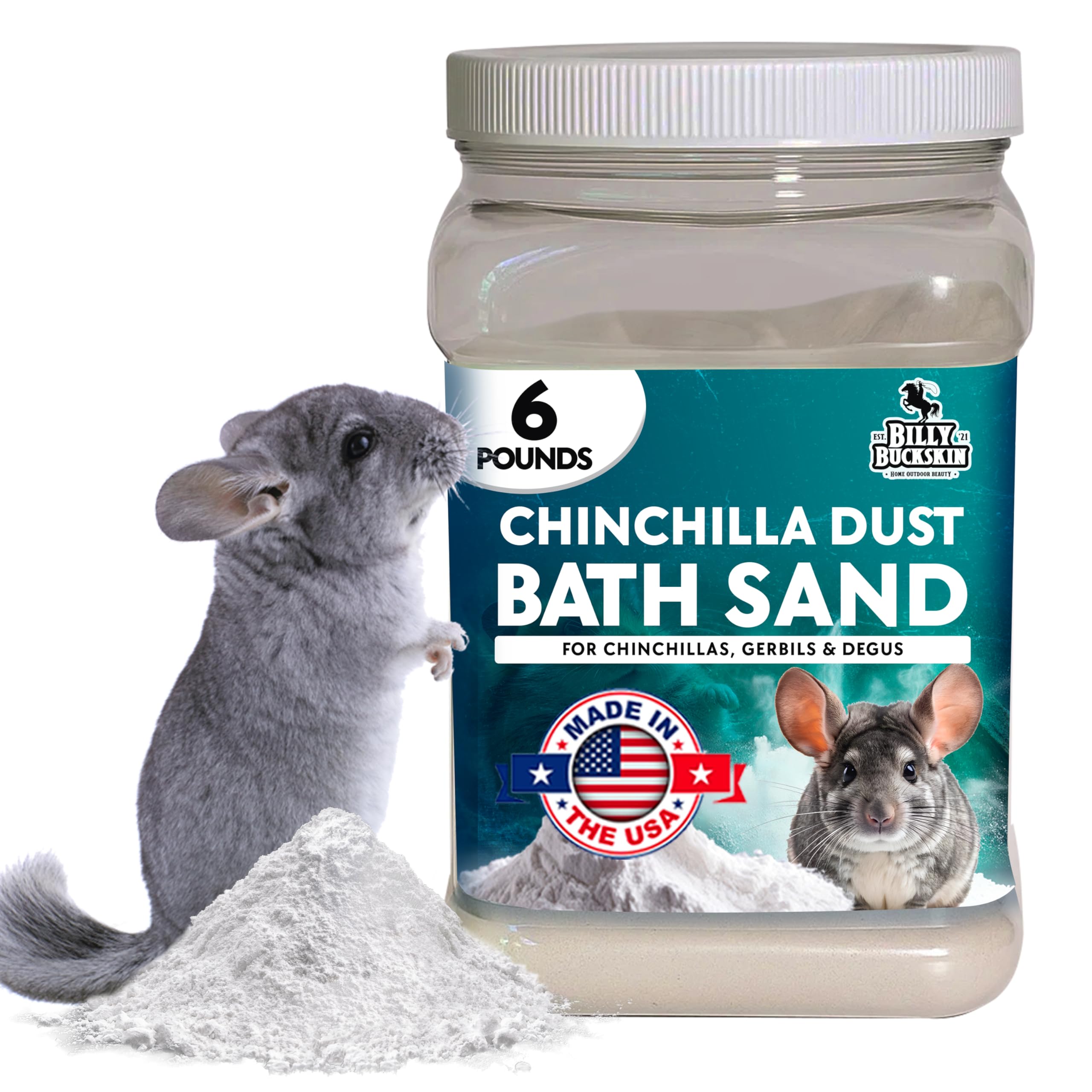 Billy Buckskin dust bath jar close-up showing premium ultra-fine powder for grooming