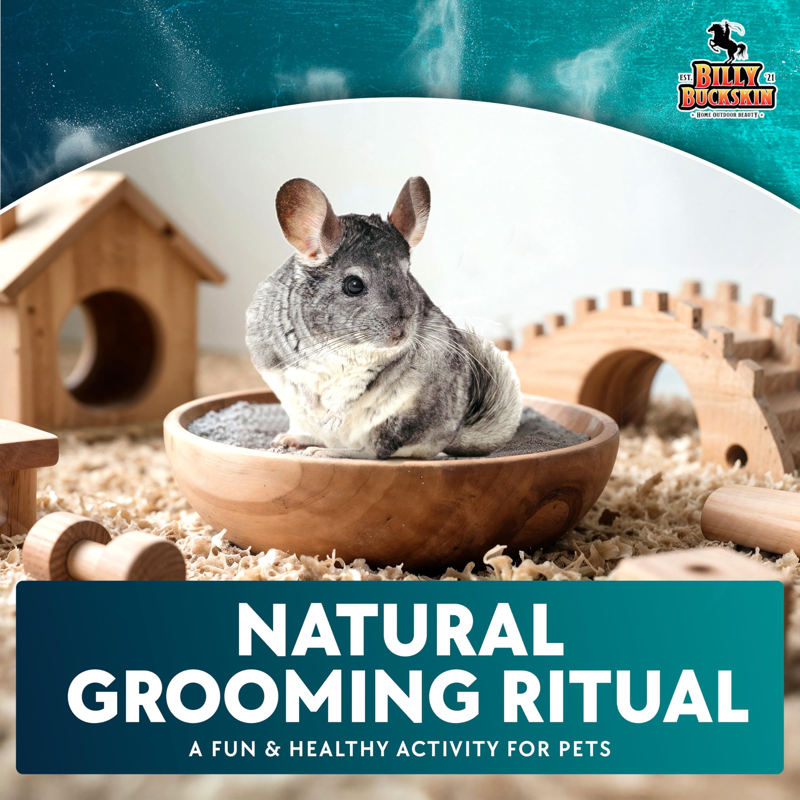 Billy Buckskin grooming setup with small animals enjoying dust baths