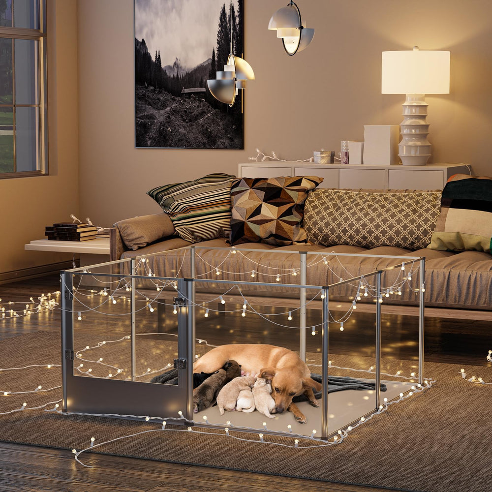 BingoPaw clear-dog-playpen-front-view demonstrates 360° visibility for easy supervision.