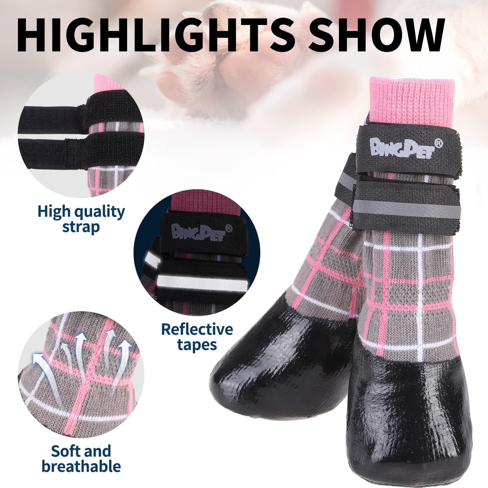 BINGPET anti-slip dog socks with waterproof bottom for dry paws outdoors.