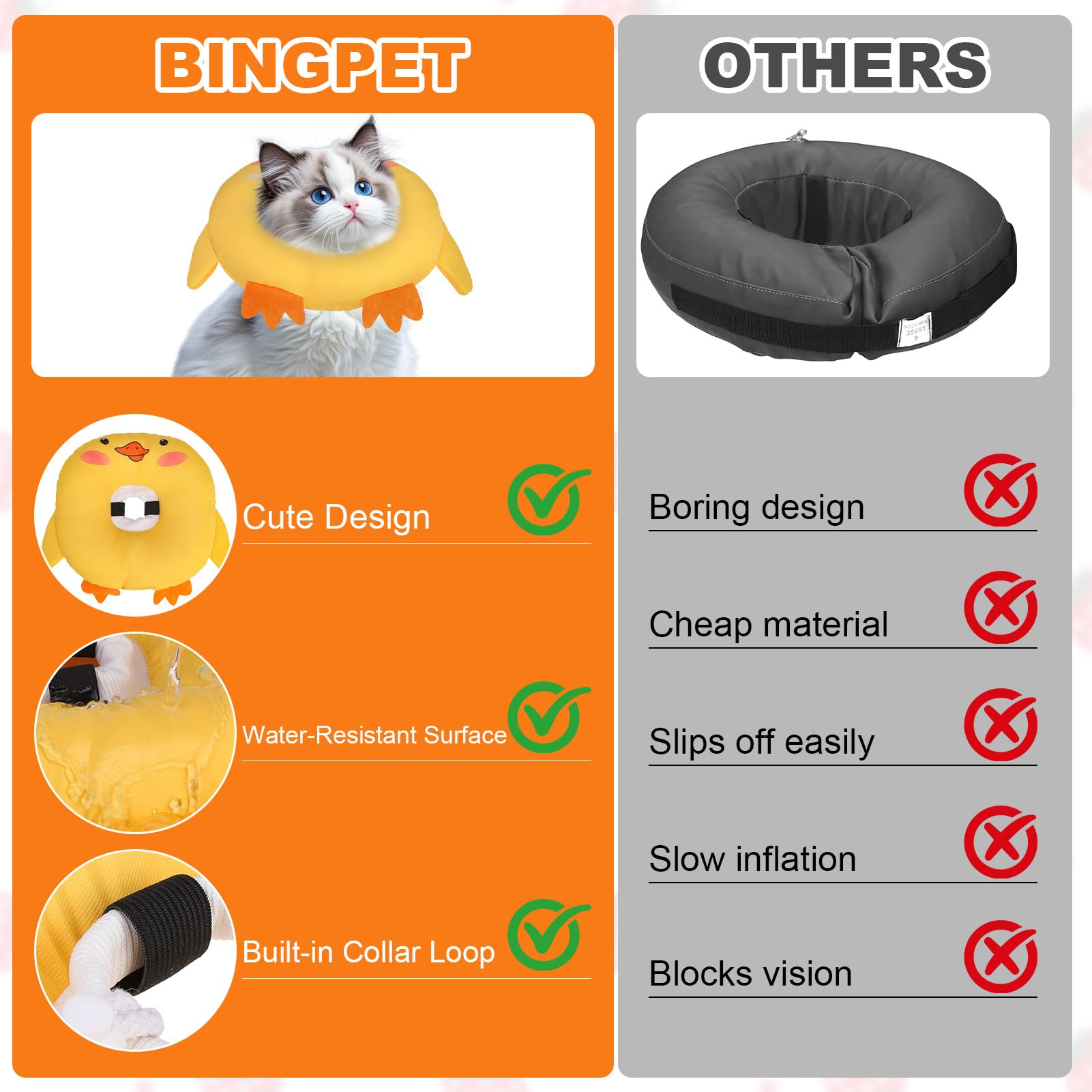 BINGPET Cat Cone Collar easy-clean surface helps hygiene between uses