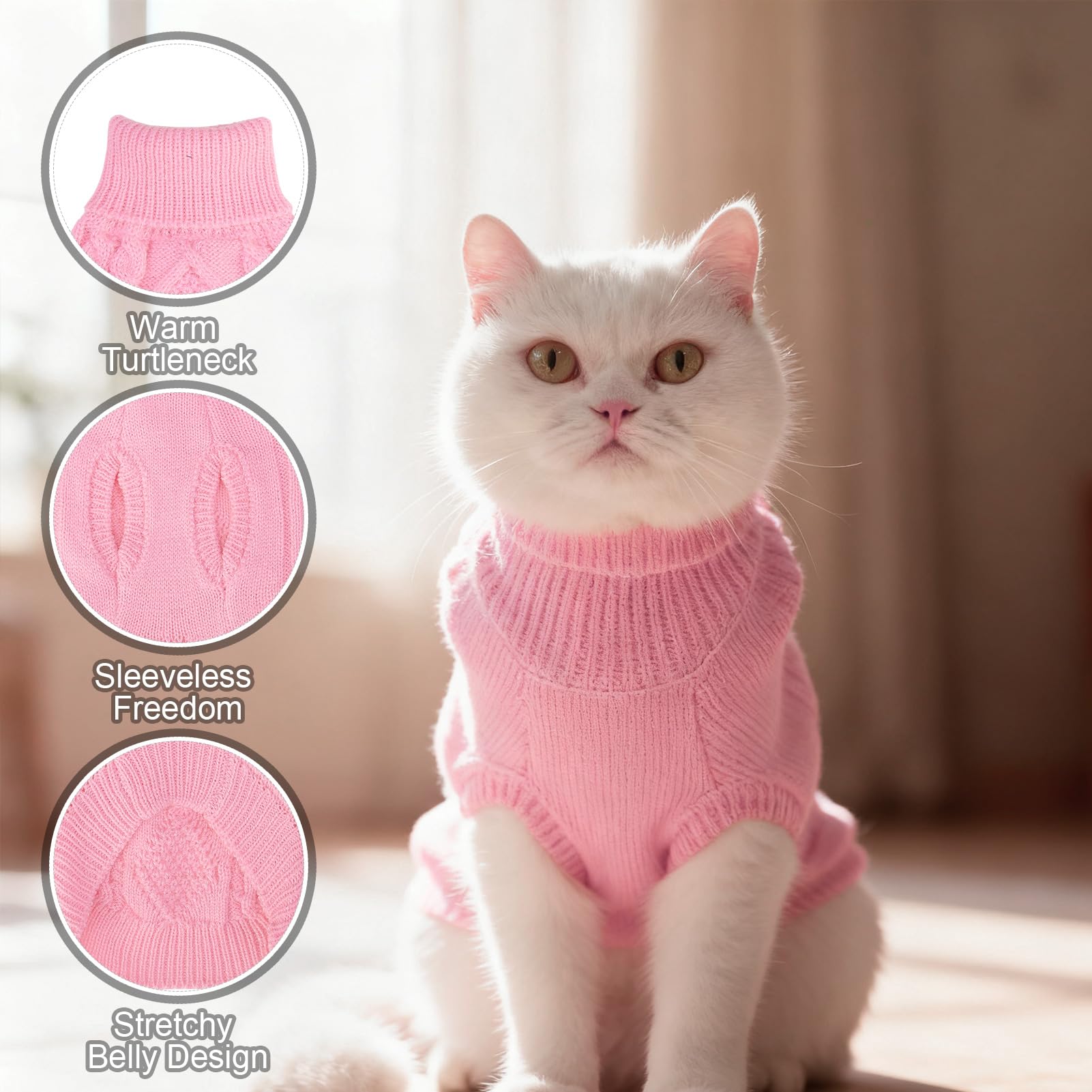 BINGPET cat-sweater-easy-on-off demonstrates a quick pullover design for easy dressing.